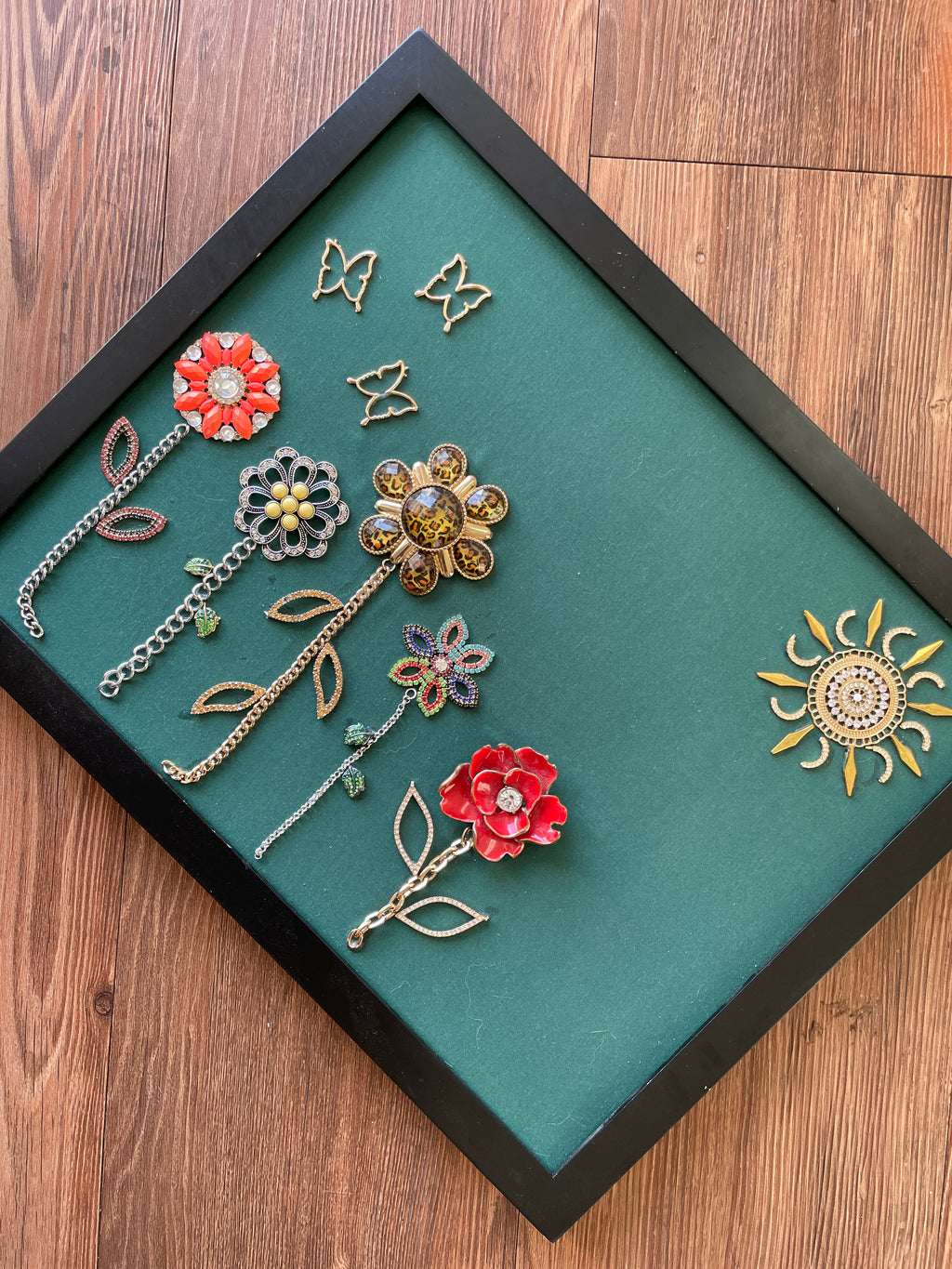 Green and Gold Framed Floral Jewelry Handmade with Over 20 Pieces of Vintage & Upcycled Jewelry