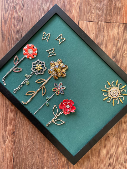 Green and Gold Framed Floral Jewelry Handmade with Over 20 Pieces of Vintage & Upcycled Jewelry