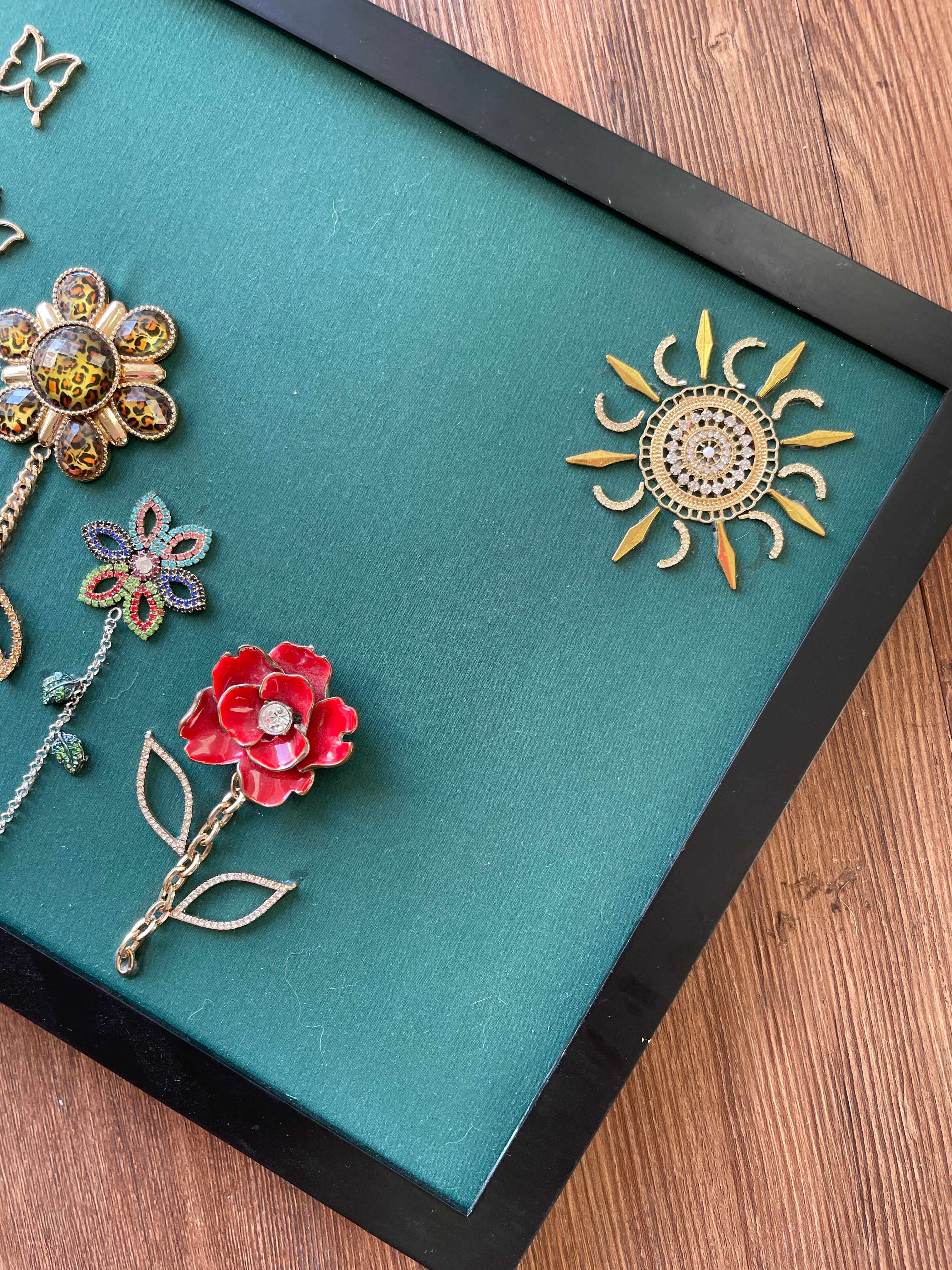 Green and Gold Framed Floral Jewelry Handmade with Over 20 Pieces of Vintage & Upcycled Jewelry