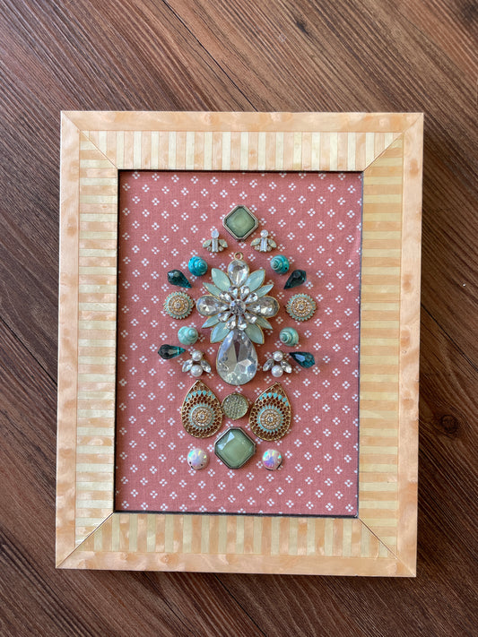 Pink, Blue, and Gold Framed Jewelry Christmas Tree Handmade with Over 25 Pieces of Vintage & Upcycled Jewelry