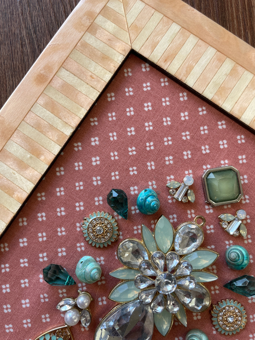 Pink, Blue, and Gold Framed Jewelry Christmas Tree Handmade with Over 25 Pieces of Vintage & Upcycled Jewelry