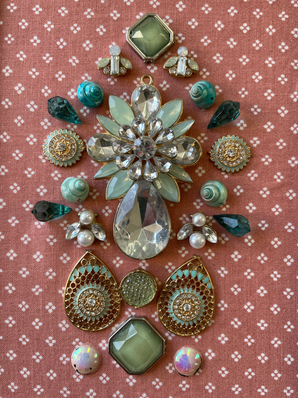 Pink, Blue, and Gold Framed Jewelry Christmas Tree Handmade with Over 25 Pieces of Vintage & Upcycled Jewelry