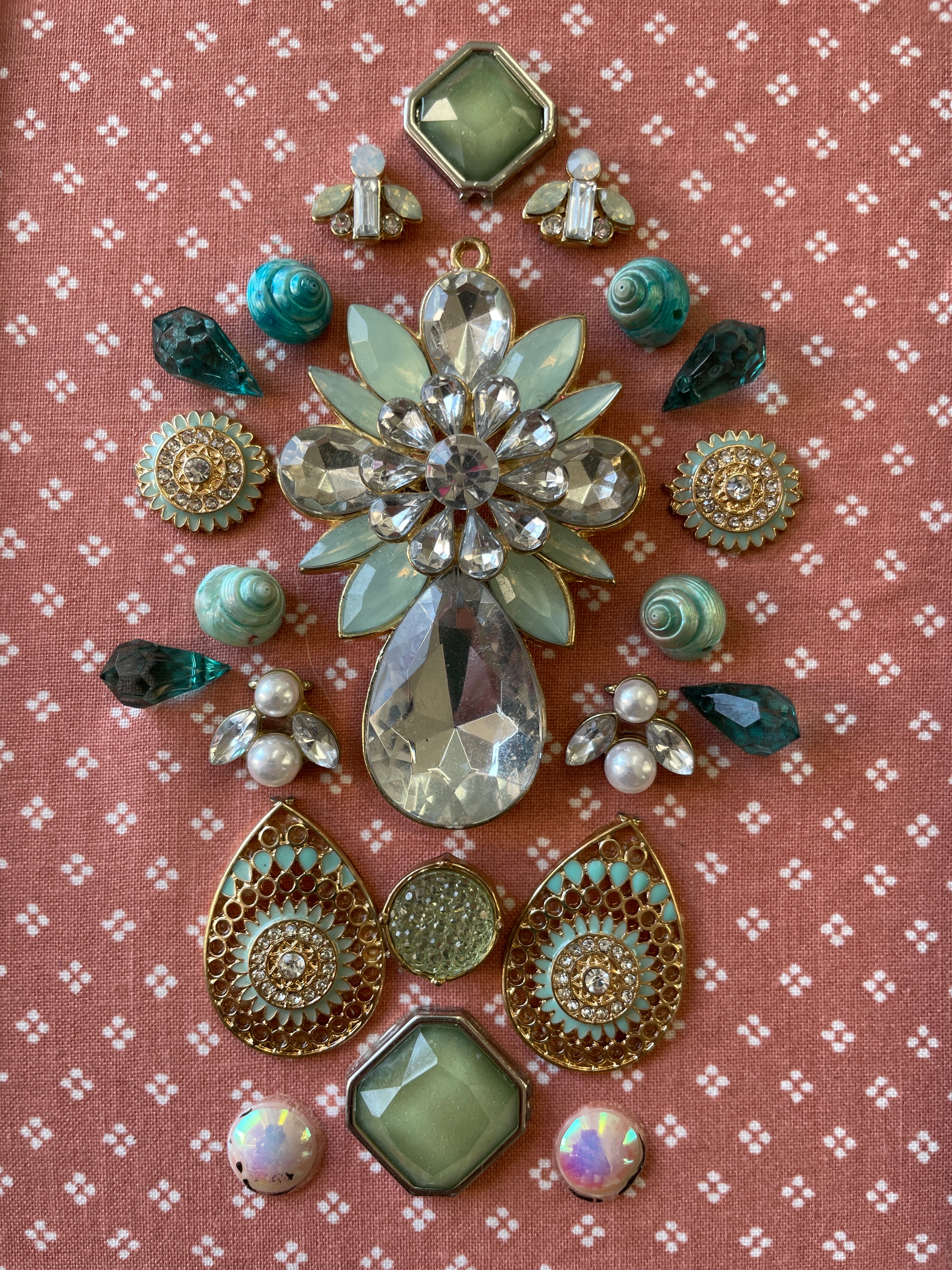 Pink, Blue, and Gold Framed Jewelry Christmas Tree Handmade with Over 25 Pieces of Vintage & Upcycled Jewelry