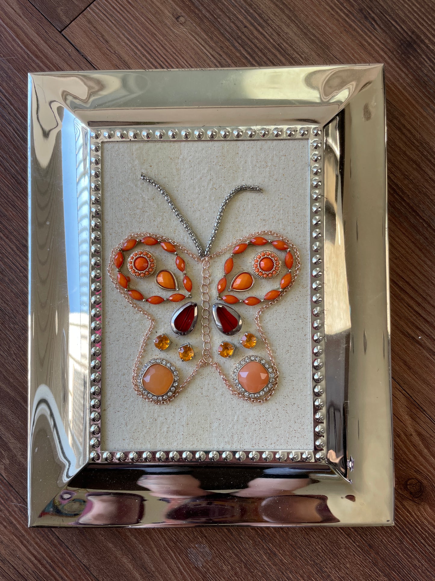 Gold, White, and Pink Framed Jewelry Butterfly Handmade with Over 20 Pieces of Vintage & Upcycled Jewelry