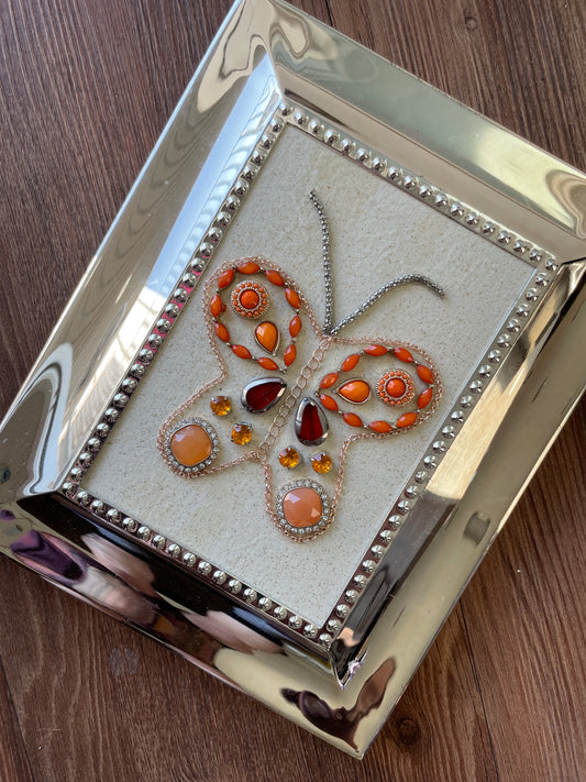 Gold, White, and Pink Framed Jewelry Butterfly Handmade with Over 20 Pieces of Vintage & Upcycled Jewelry