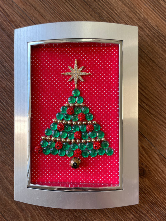 Green, Gold, and Silver Framed Jewelry Christmas Tree Handmade with Over 20 Pieces of Vintage & Upcycled Jewelry
