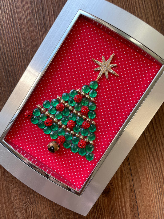Green, Gold, and Silver Framed Jewelry Christmas Tree Handmade with Over 20 Pieces of Vintage & Upcycled Jewelry