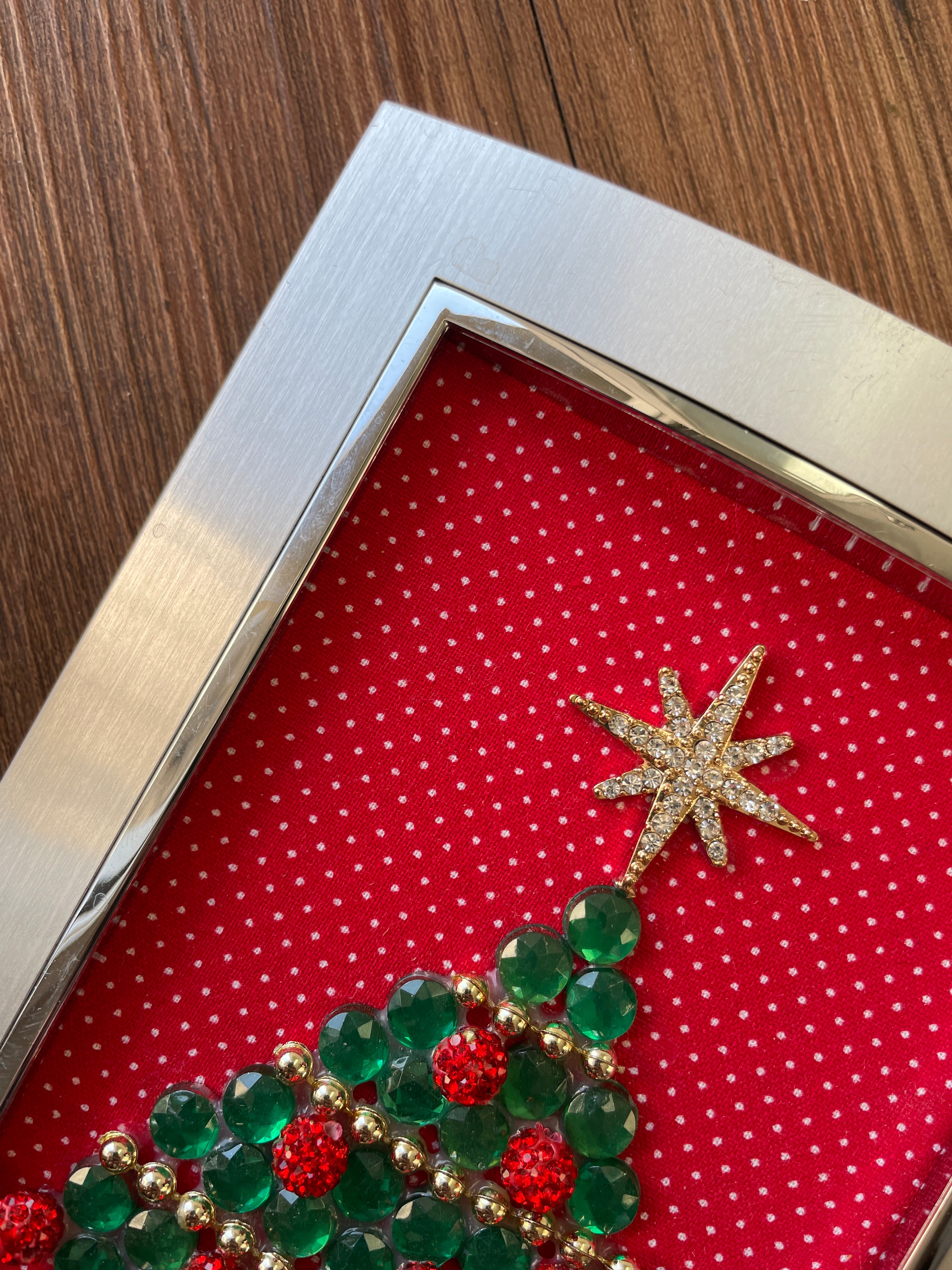 Green, Gold, and Silver Framed Jewelry Christmas Tree Handmade with Over 20 Pieces of Vintage & Upcycled Jewelry