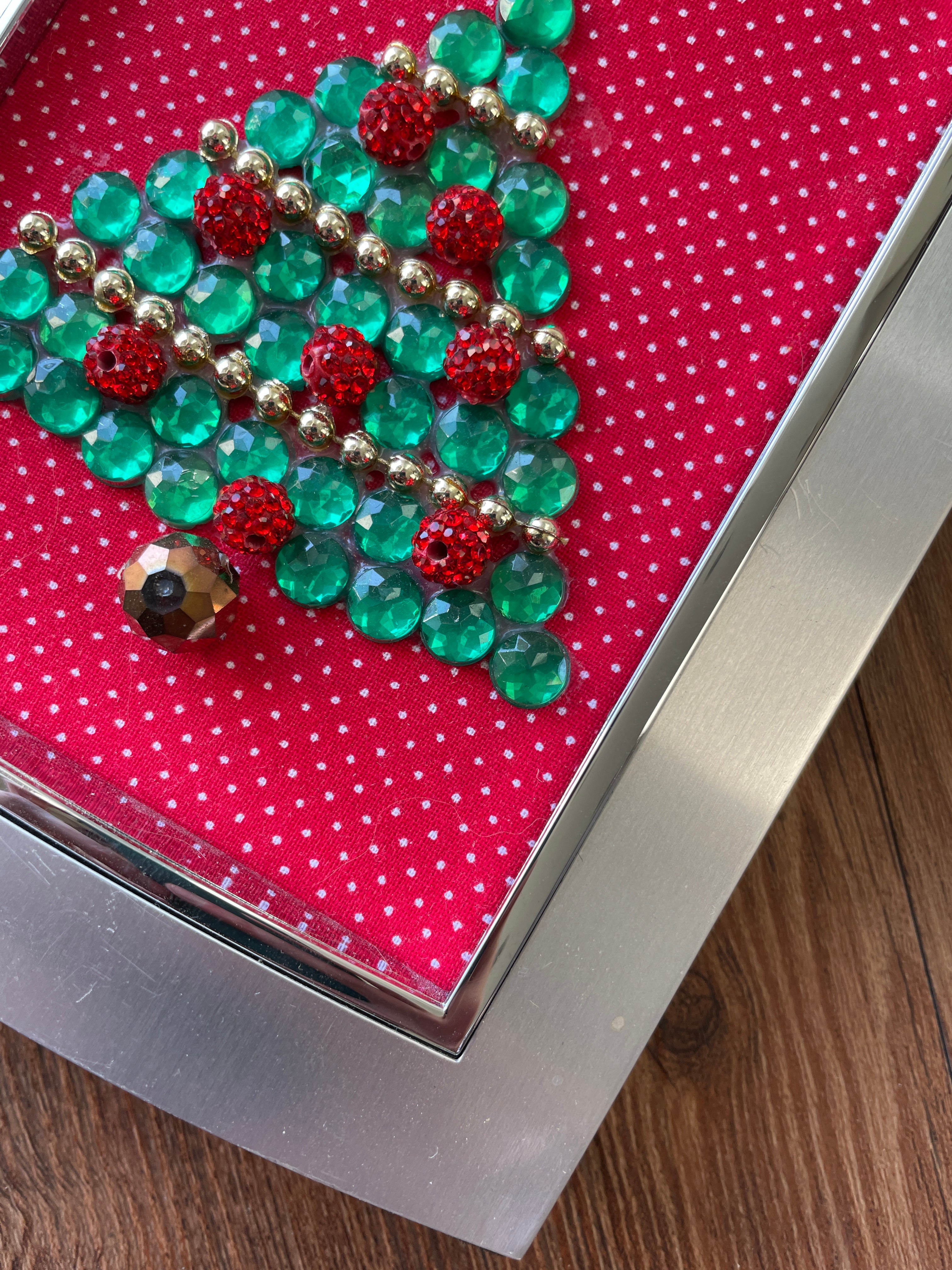 Green, Gold, and Silver Framed Jewelry Christmas Tree Handmade with Over 20 Pieces of Vintage & Upcycled Jewelry