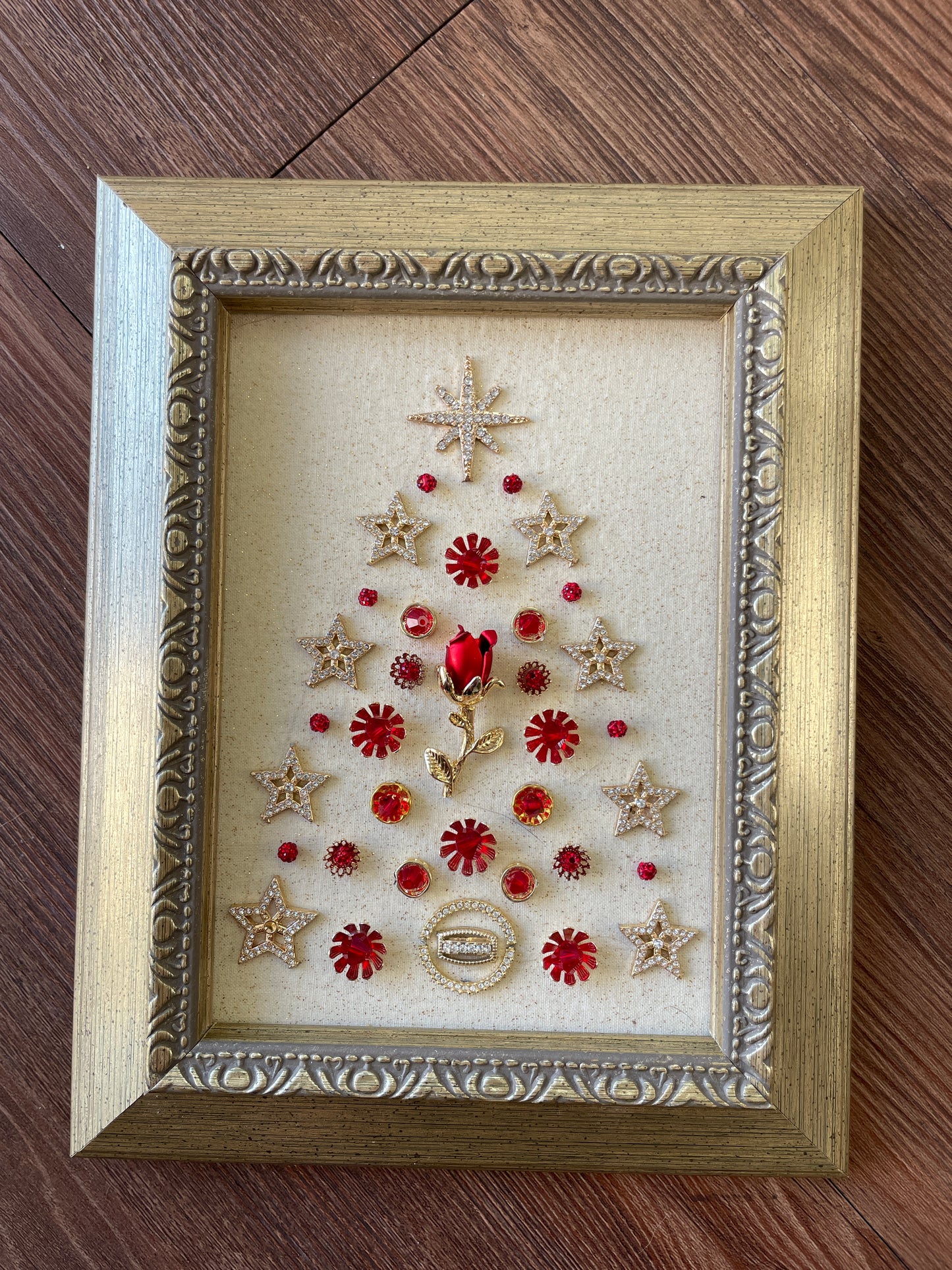Gold and Red Rose Framed Jewelry Christmas Tree Handmade with Over 20 Pieces of Vintage & Upcycled Jewelry