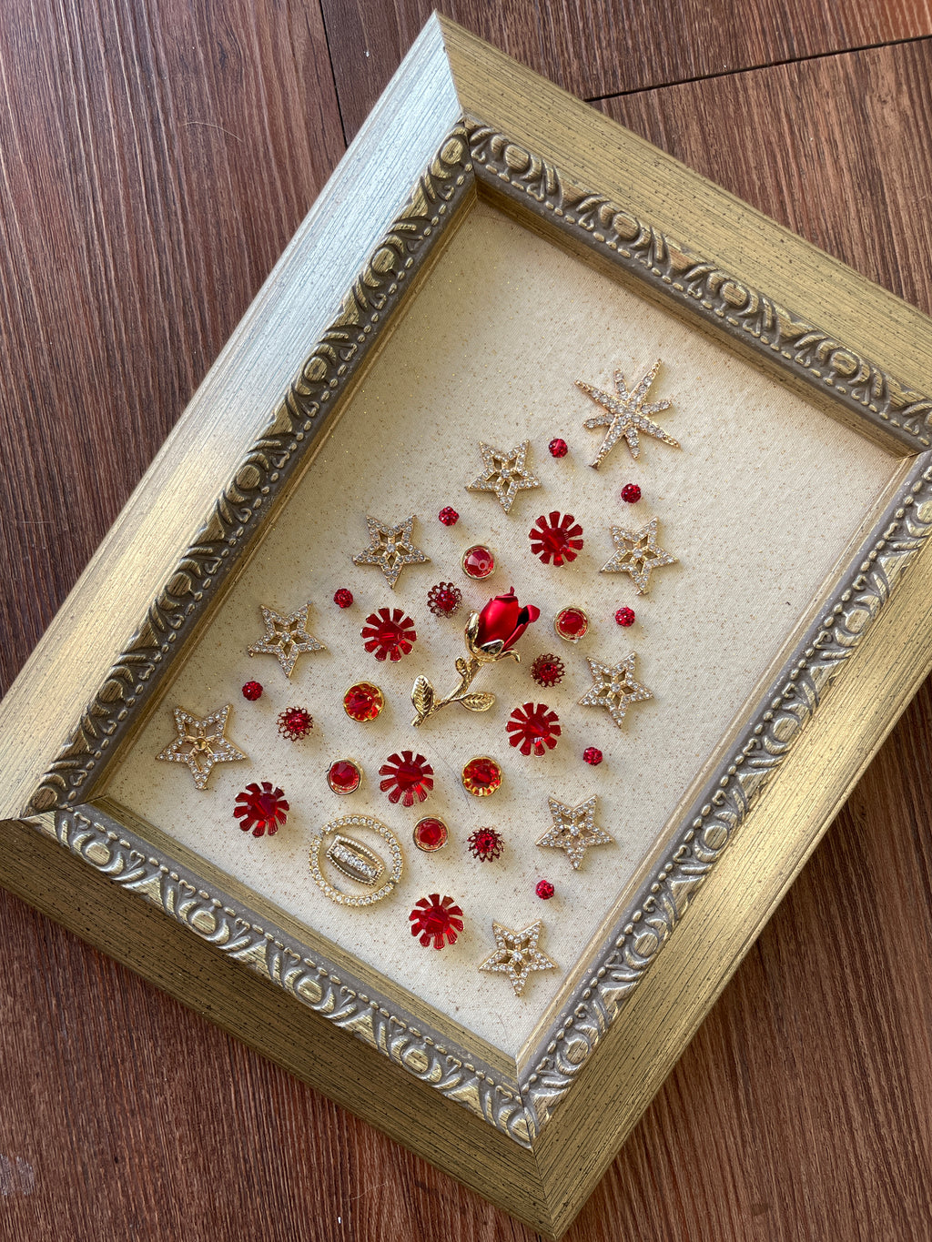 Gold and Red Rose Framed Jewelry Christmas Tree Handmade with Over 20 Pieces of Vintage & Upcycled Jewelry