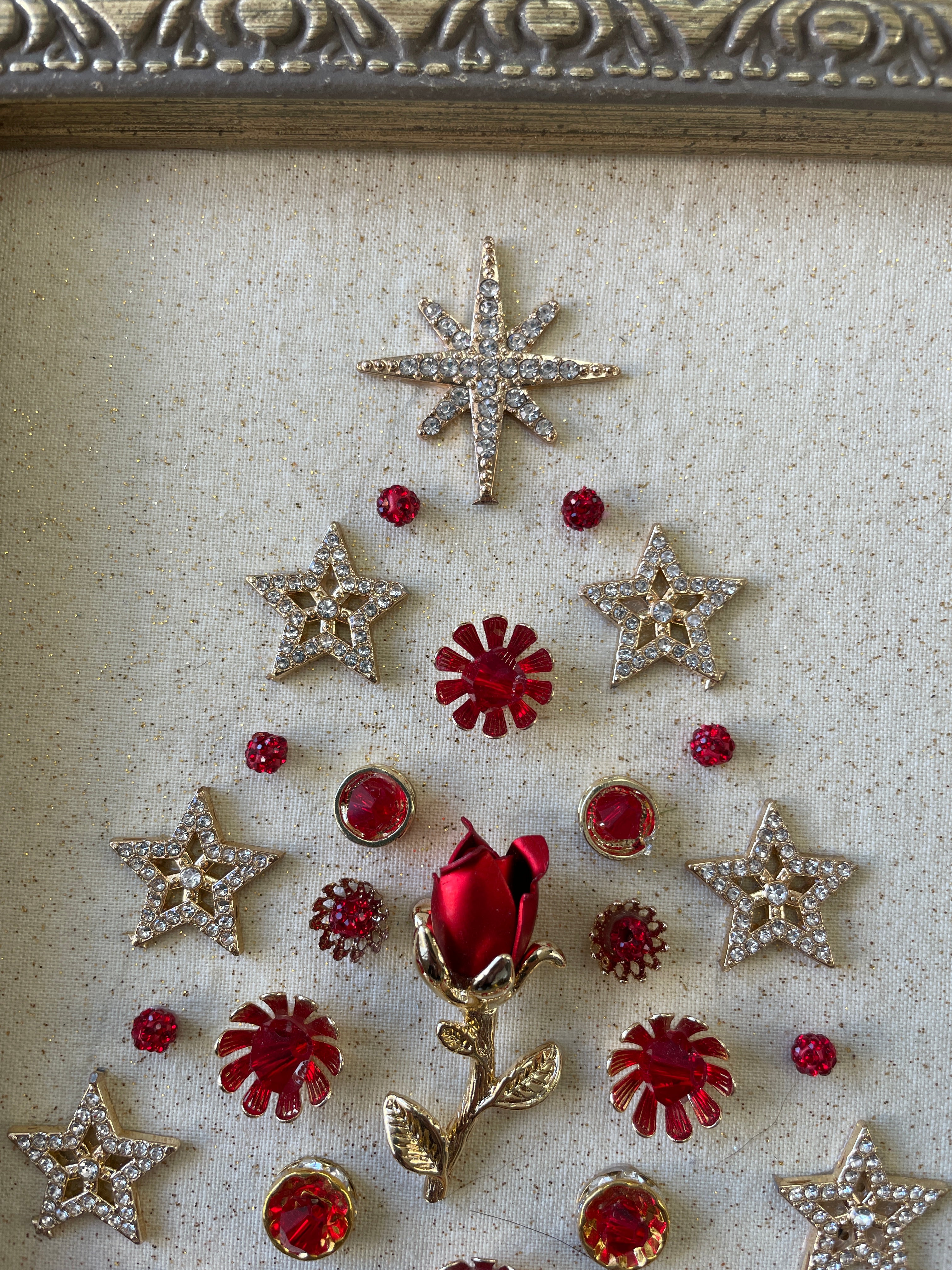 Gold and Red Rose Framed Jewelry Christmas Tree Handmade with Over 20 Pieces of Vintage & Upcycled Jewelry