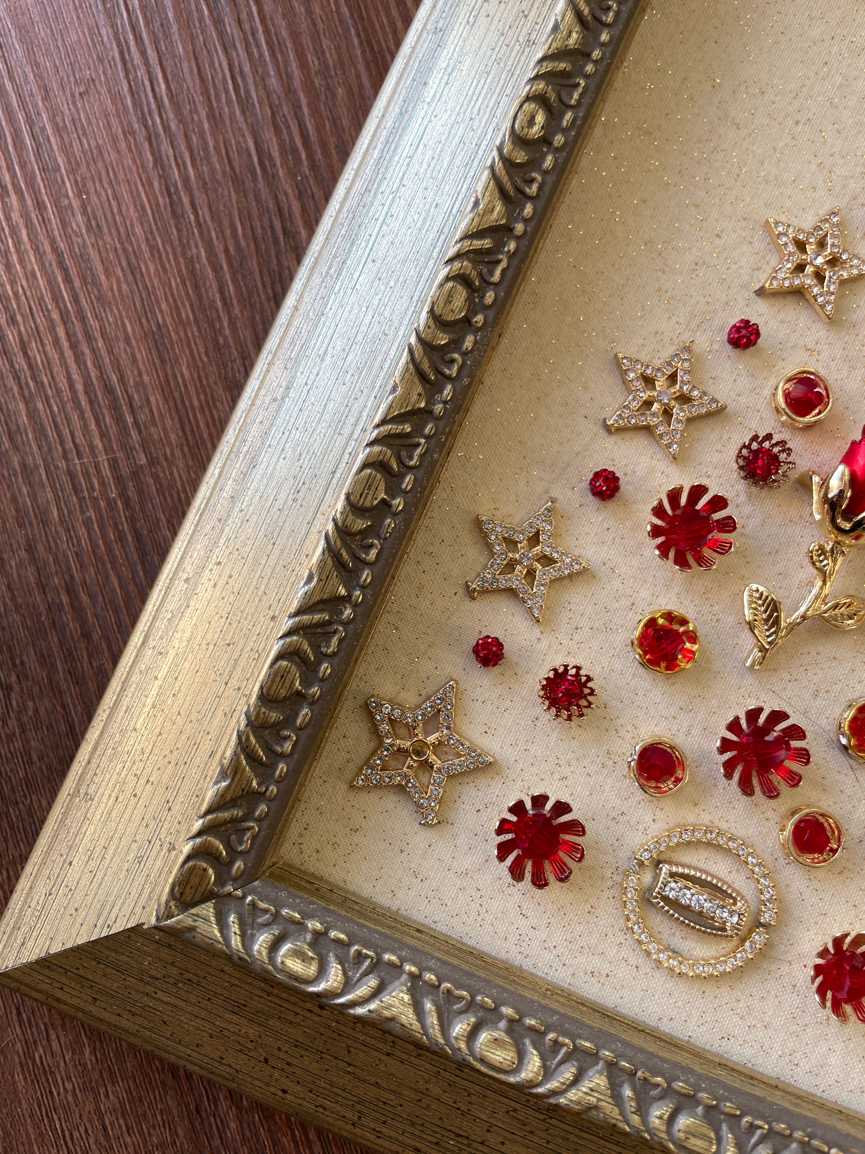 Gold and Red Rose Framed Jewelry Christmas Tree Handmade with Over 20 Pieces of Vintage & Upcycled Jewelry