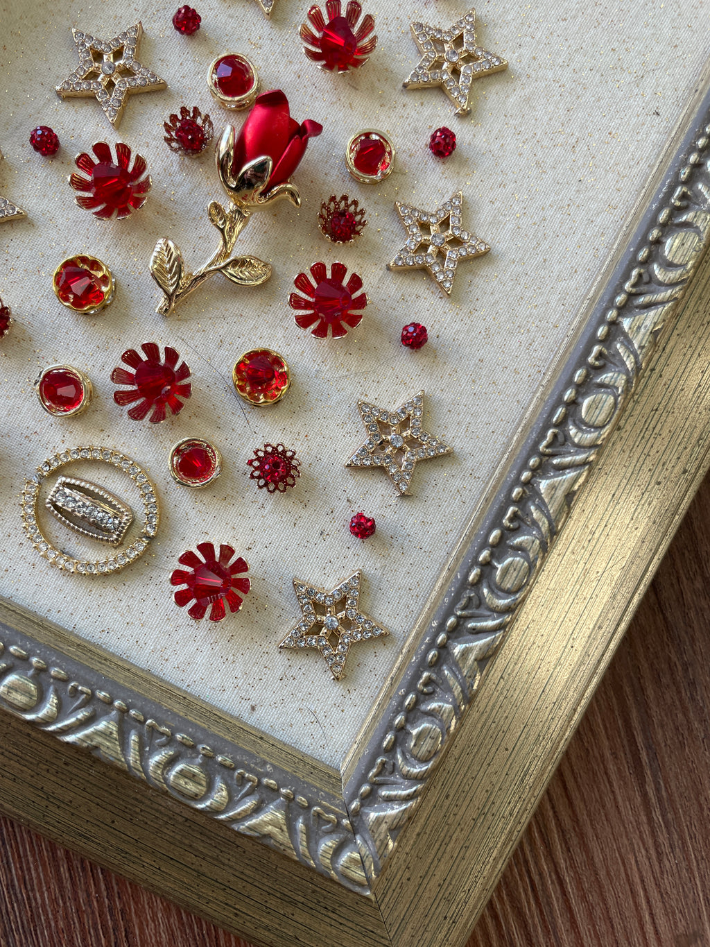 Gold and Red Rose Framed Jewelry Christmas Tree Handmade with Over 20 Pieces of Vintage & Upcycled Jewelry