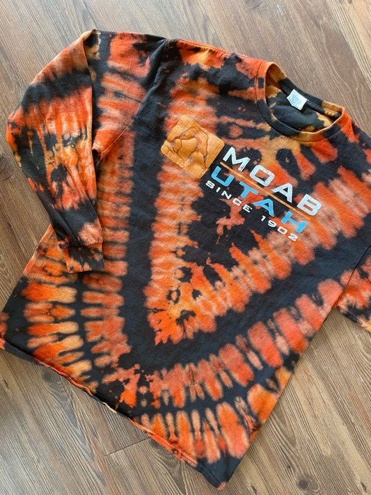Medium/Large Men’s Moab, Utah Handmade Tie Dye T-Shirt | Black, Red, and Orange V-Pleated Tie Dye Long Sleeve