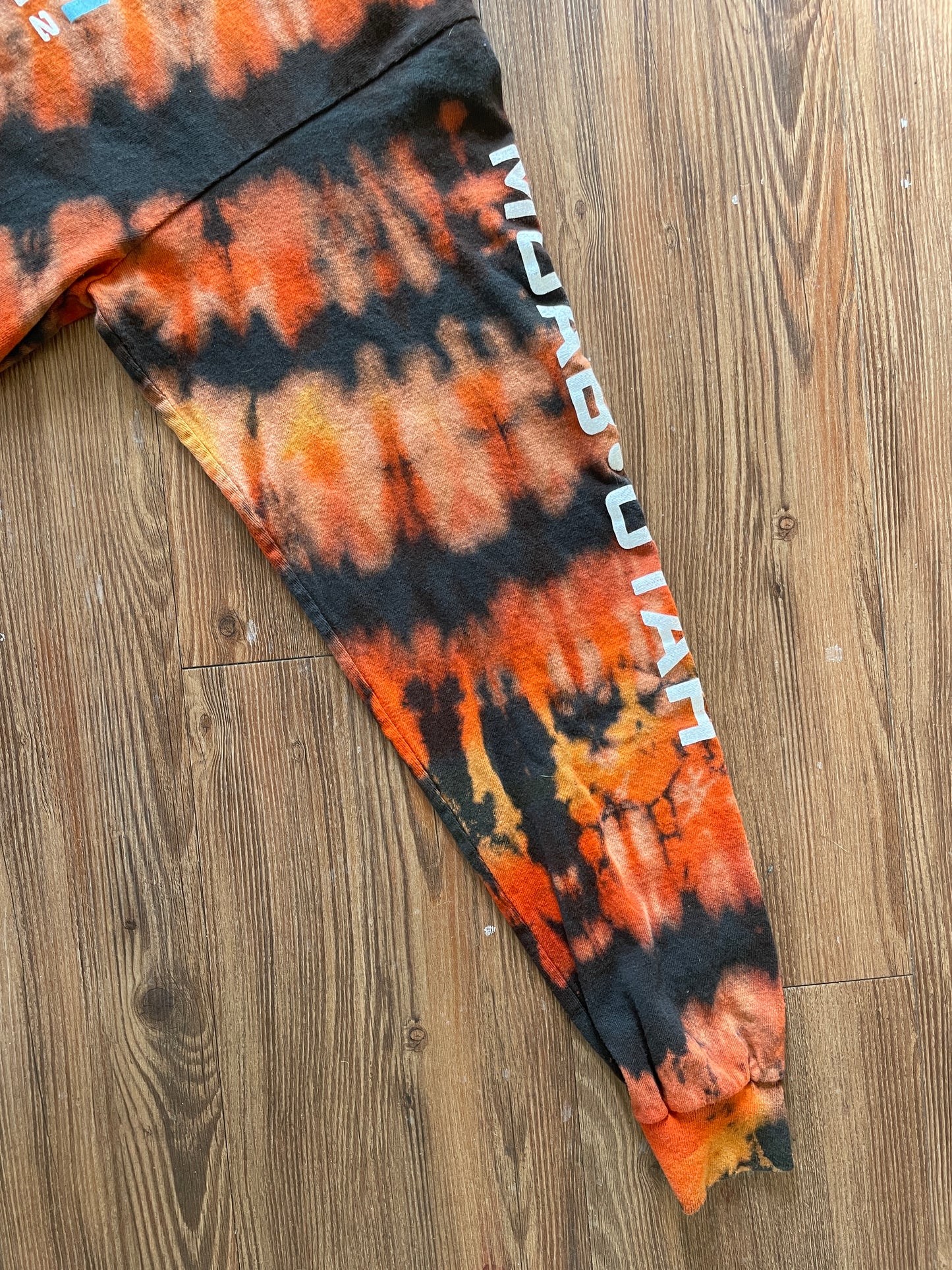 Medium/Large Men’s Moab, Utah Handmade Tie Dye T-Shirt | Black, Red, and Orange V-Pleated Tie Dye Long Sleeve