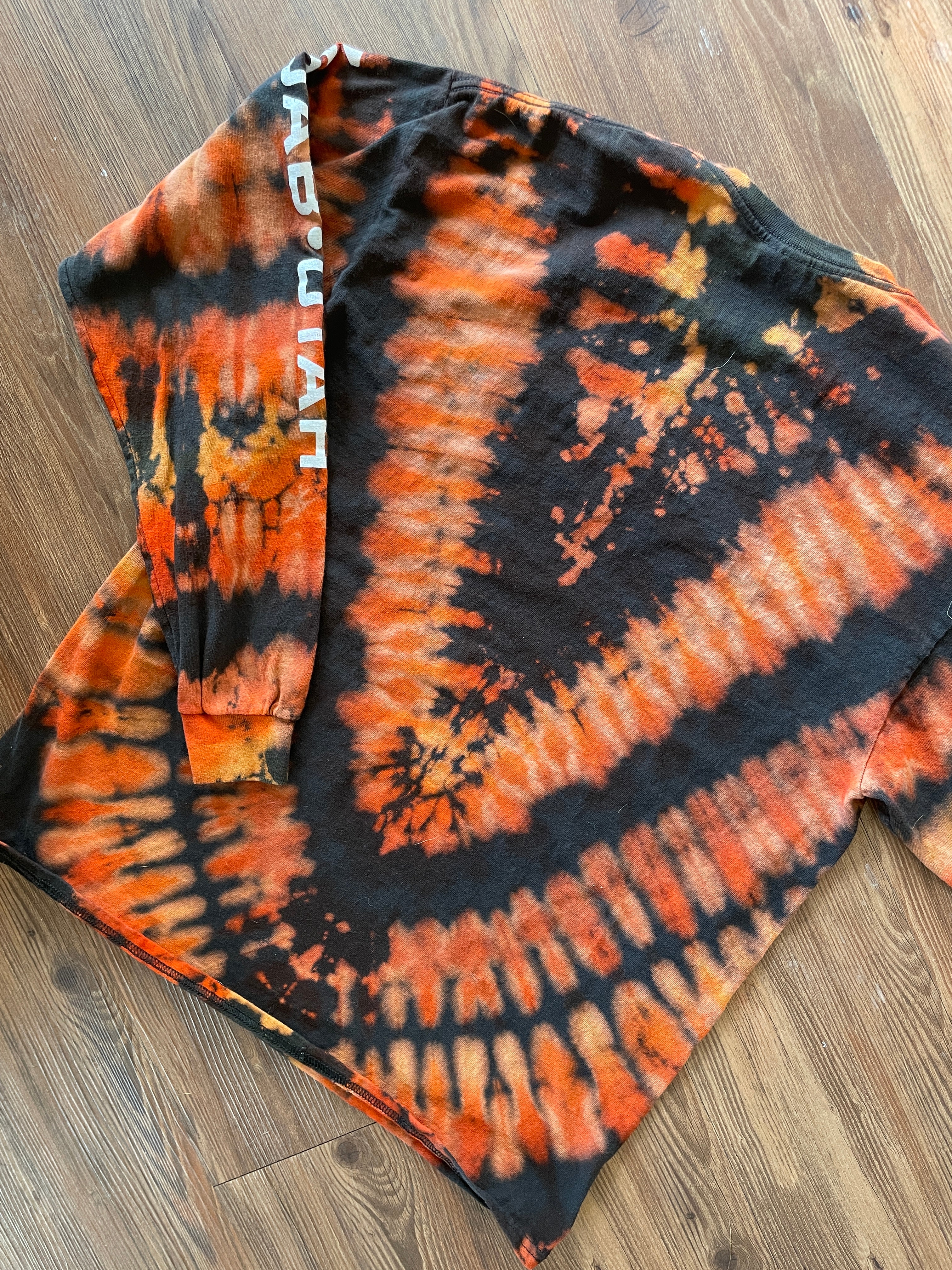 Medium/Large Men’s Moab, Utah Handmade Tie Dye T-Shirt | Black, Red, and Orange V-Pleated Tie Dye Long Sleeve