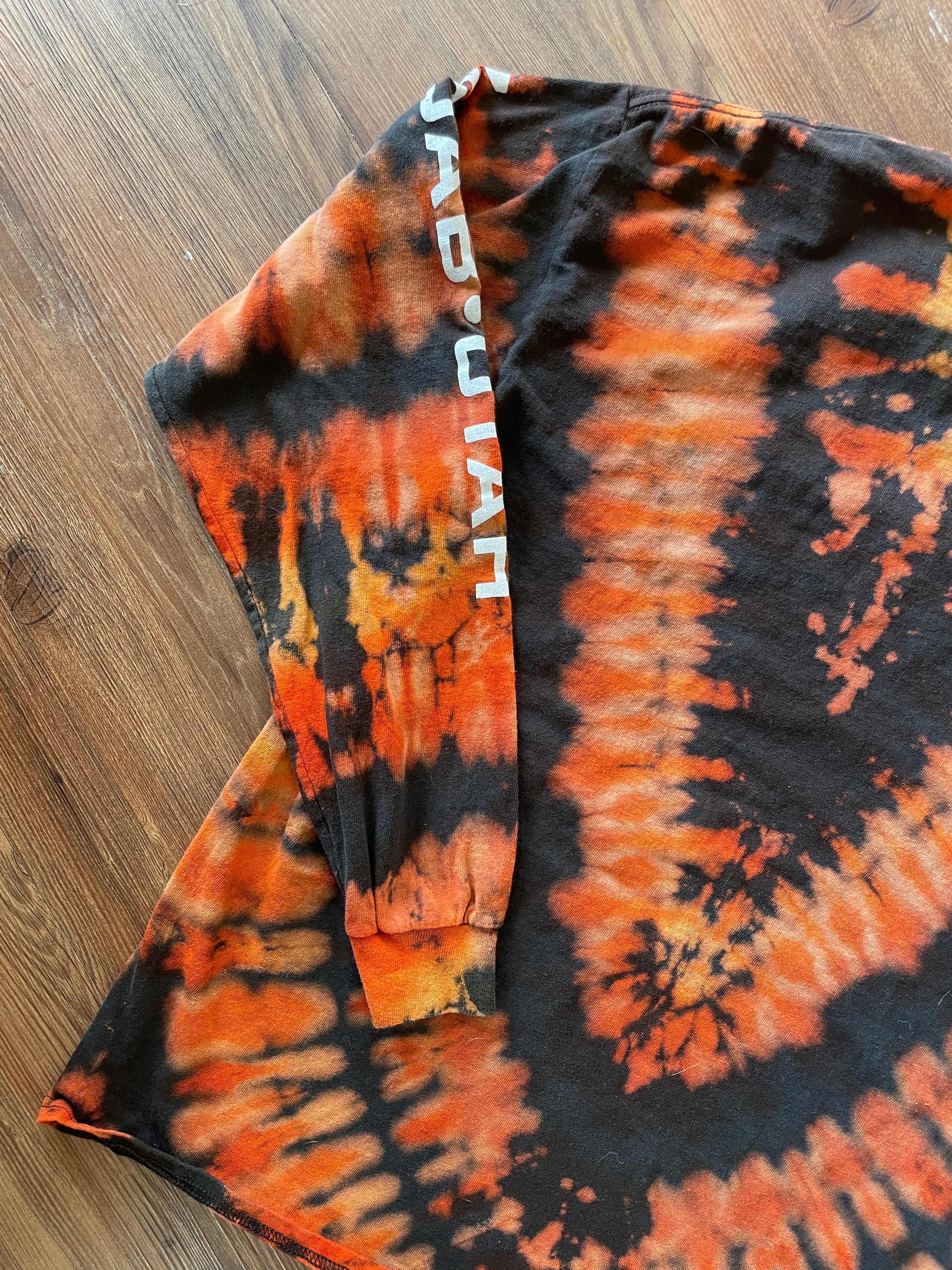 Medium/Large Men’s Moab, Utah Handmade Tie Dye T-Shirt | Black, Red, and Orange V-Pleated Tie Dye Long Sleeve