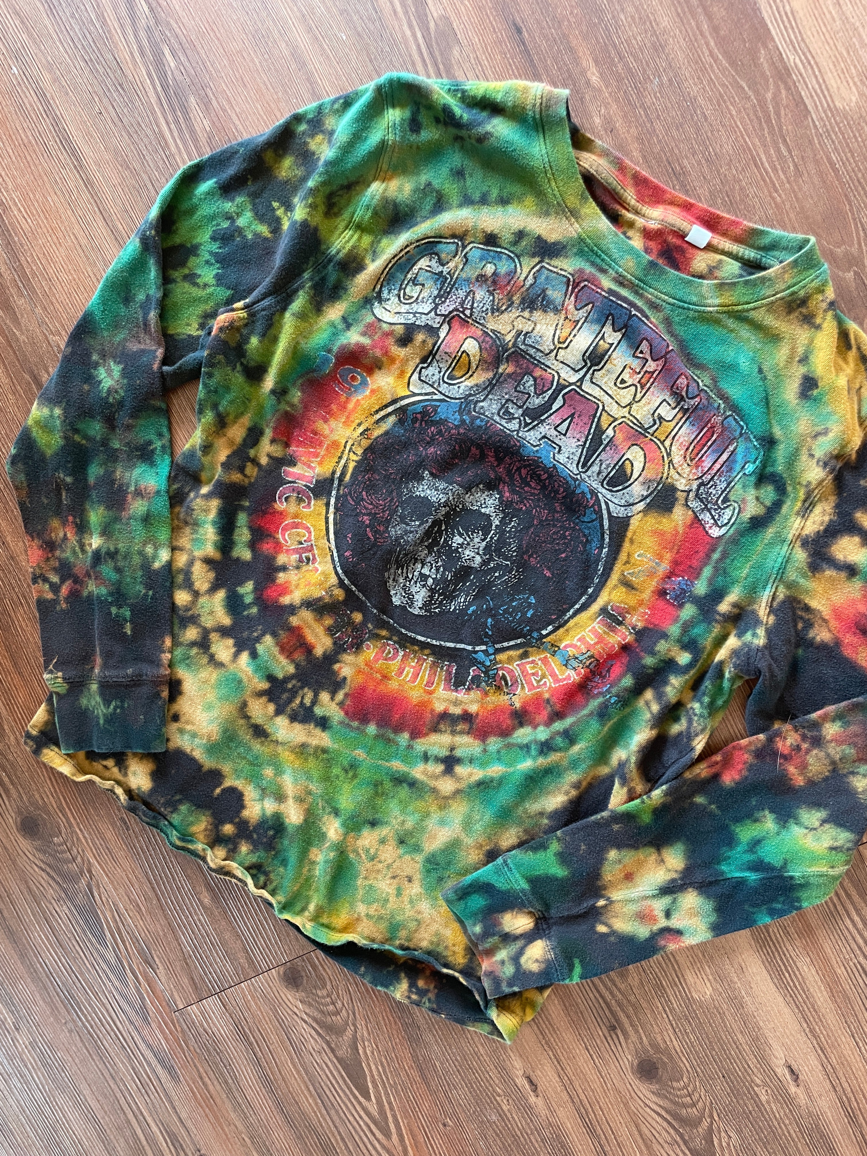 Small Men’s Utah Grateful Dead Handmade Tie Dye T-Shirt | Black, Red, Green, and Yellow Crumpled Tie Dye Long Sleeve