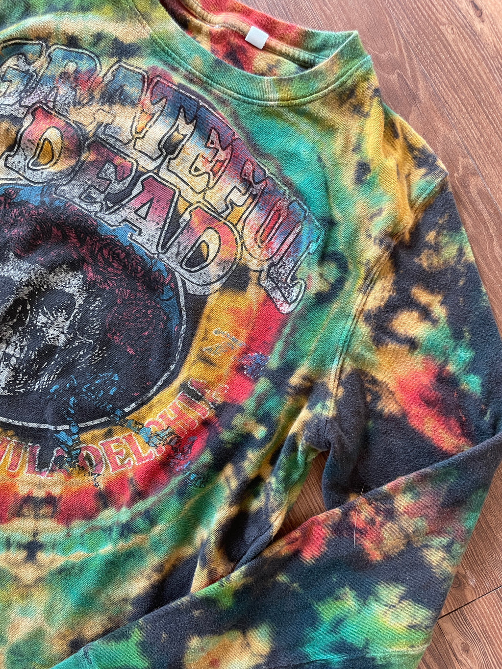 Small Men’s Utah Grateful Dead Handmade Tie Dye T-Shirt | Black, Red, Green, and Yellow Crumpled Tie Dye Long Sleeve