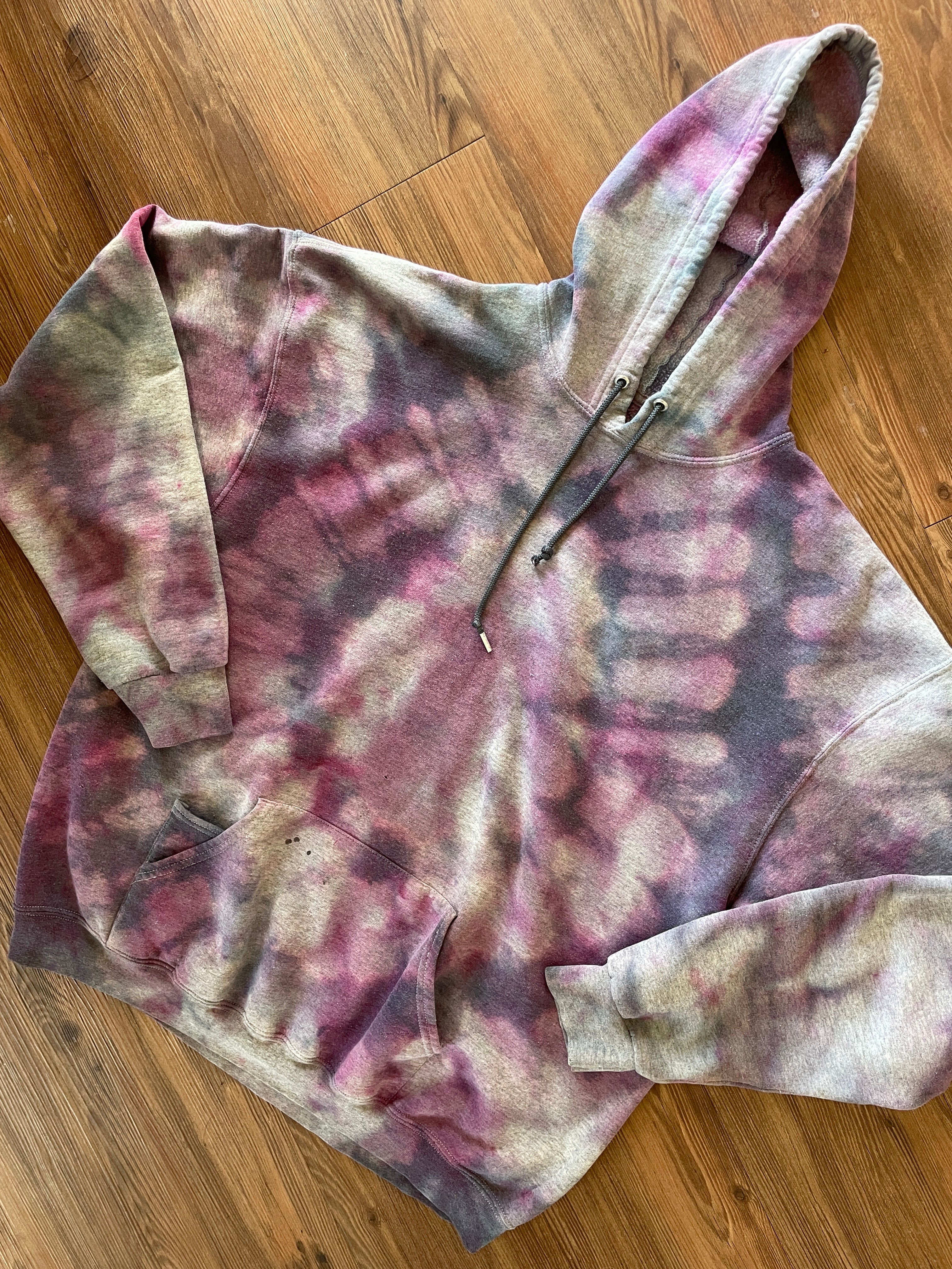 XXL Men’s Handmade Tie Dye Hoodie | Pastel Gray and Purple Pleated Tie Dye Long Sleeve Sweatshirt