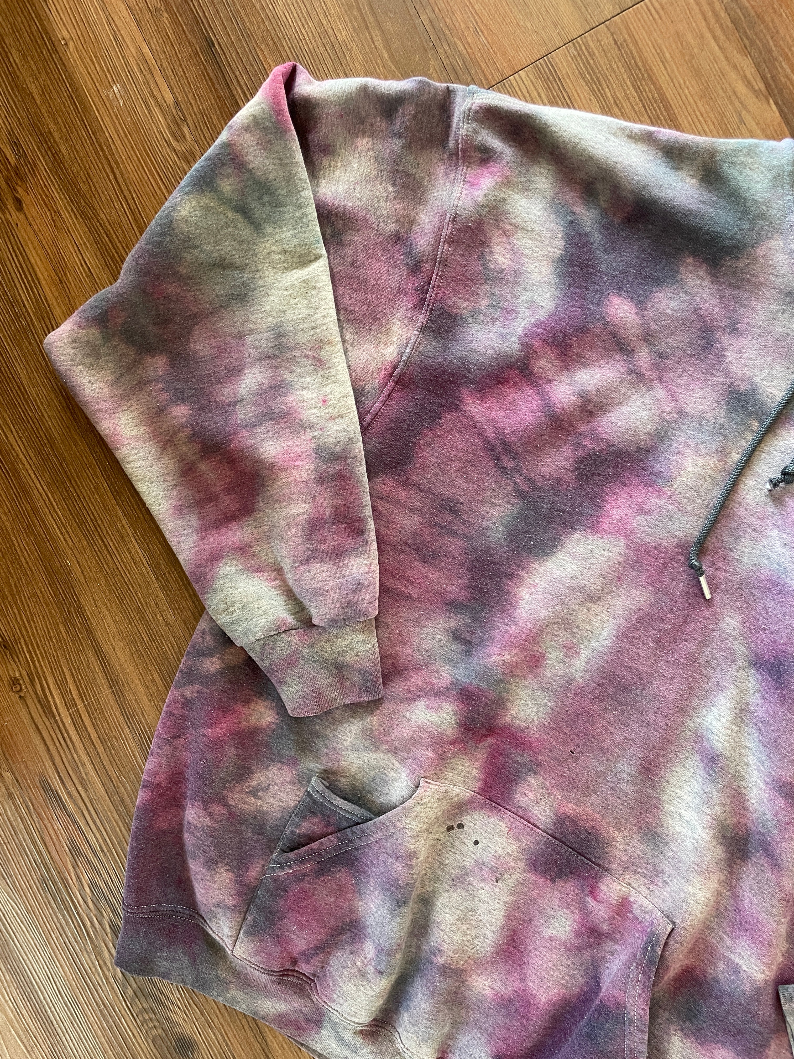 XXL Men’s Handmade Tie Dye Hoodie | Pastel Gray and Purple Pleated Tie Dye Long Sleeve Sweatshirt