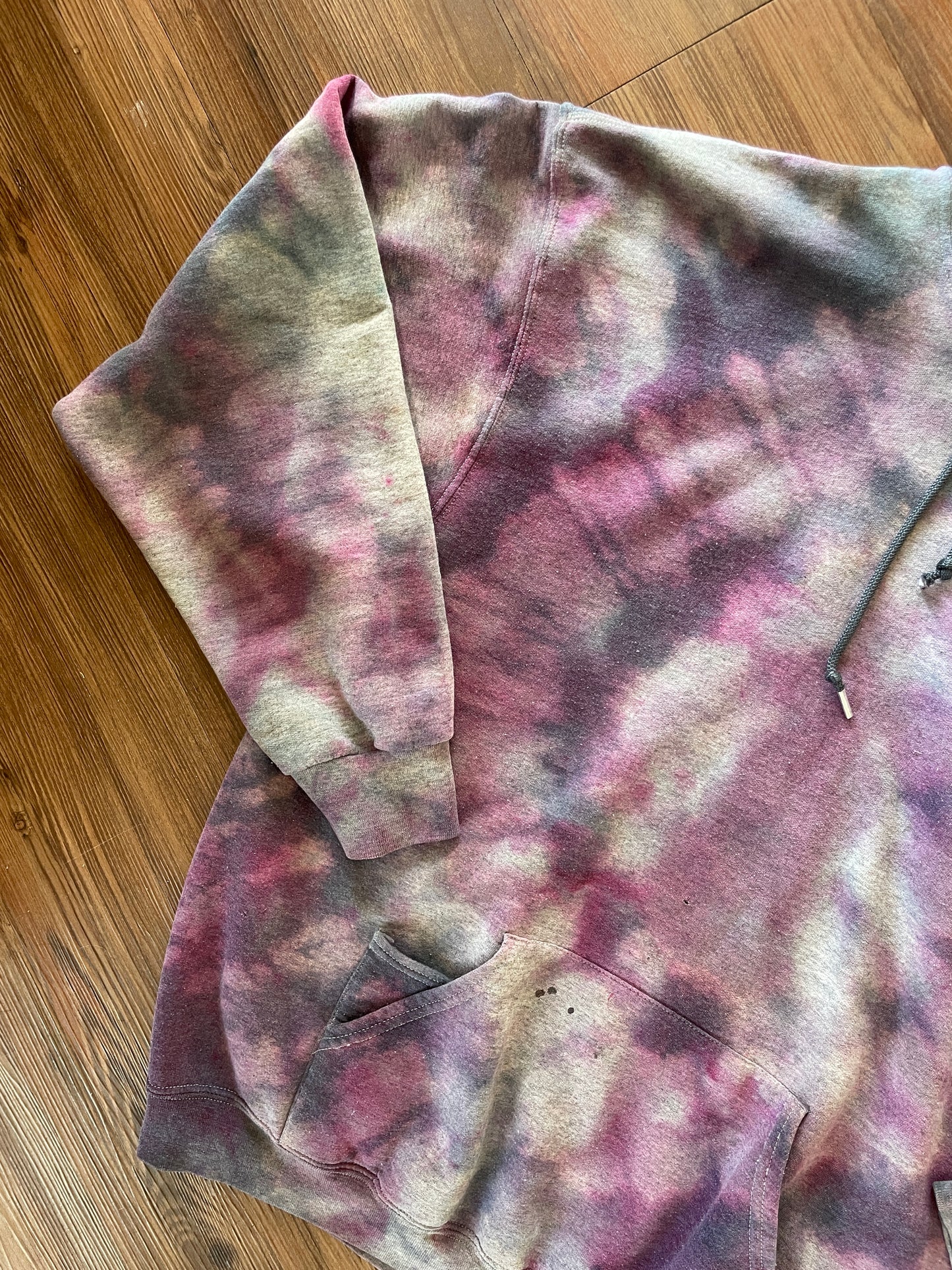 XXL Men’s Handmade Tie Dye Hoodie | Pastel Gray and Purple Pleated Tie Dye Long Sleeve Sweatshirt