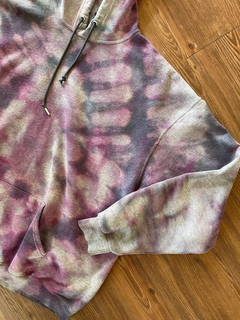 XXL Men’s Handmade Tie Dye Hoodie | Pastel Gray and Purple Pleated Tie Dye Long Sleeve Sweatshirt