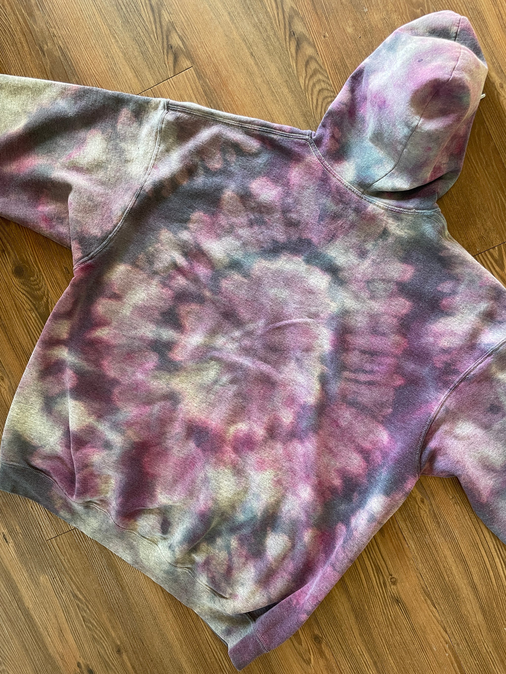 XXL Men’s Handmade Tie Dye Hoodie | Pastel Gray and Purple Pleated Tie Dye Long Sleeve Sweatshirt