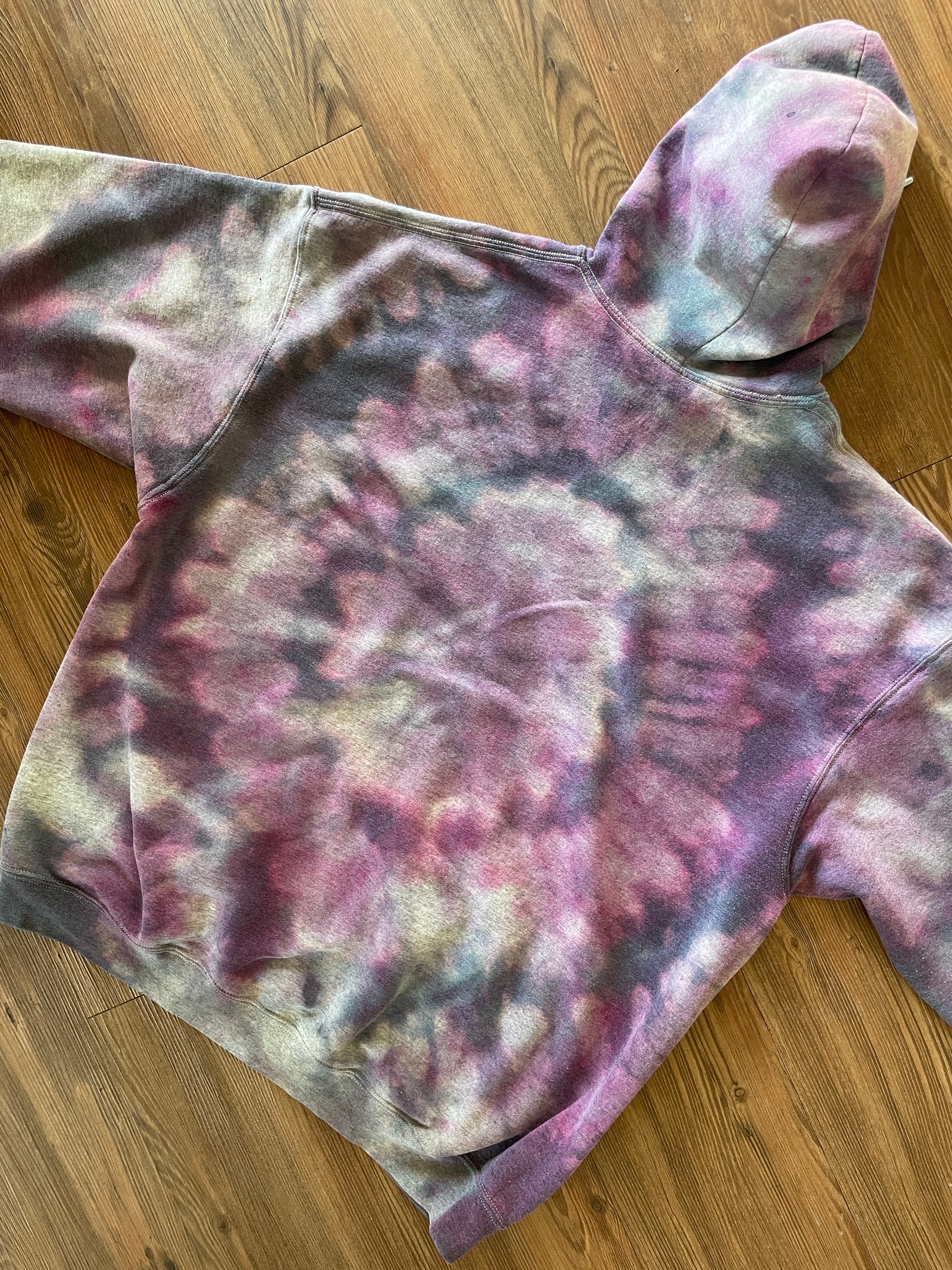 XXL Men’s Handmade Tie Dye Hoodie | Pastel Gray and Purple Pleated Tie Dye Long Sleeve Sweatshirt