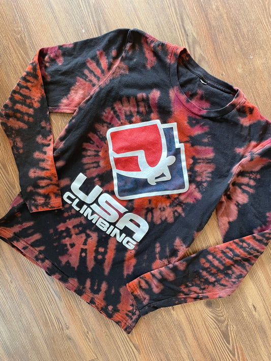 Small Men’s USA Climbing Handmade Tie Dye T-Shirt | Black, Red, and Orange Pleated Tie Dye Long Sleeve