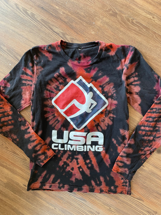 Small Men’s USA Climbing Handmade Tie Dye T-Shirt | Black, Red, and Orange Pleated Tie Dye Long Sleeve