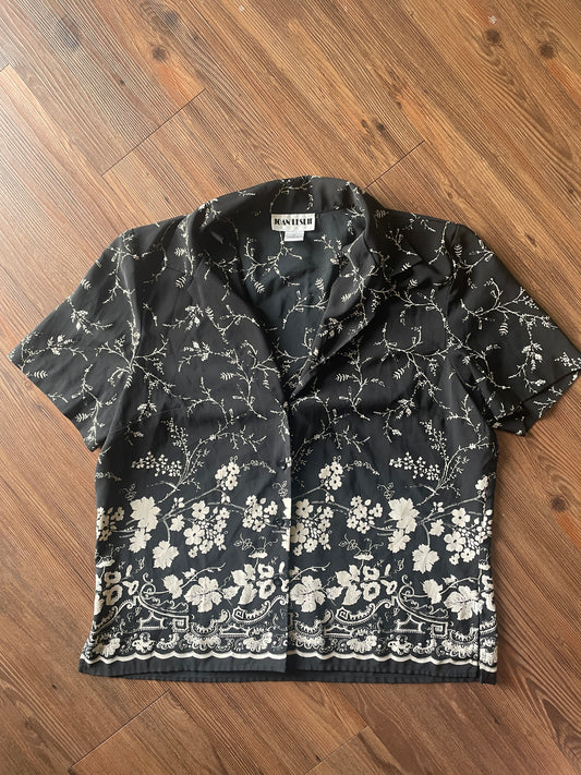 Medium Women's Vintage Joan Leslie Black and White Floral Print Short Sleeve Top