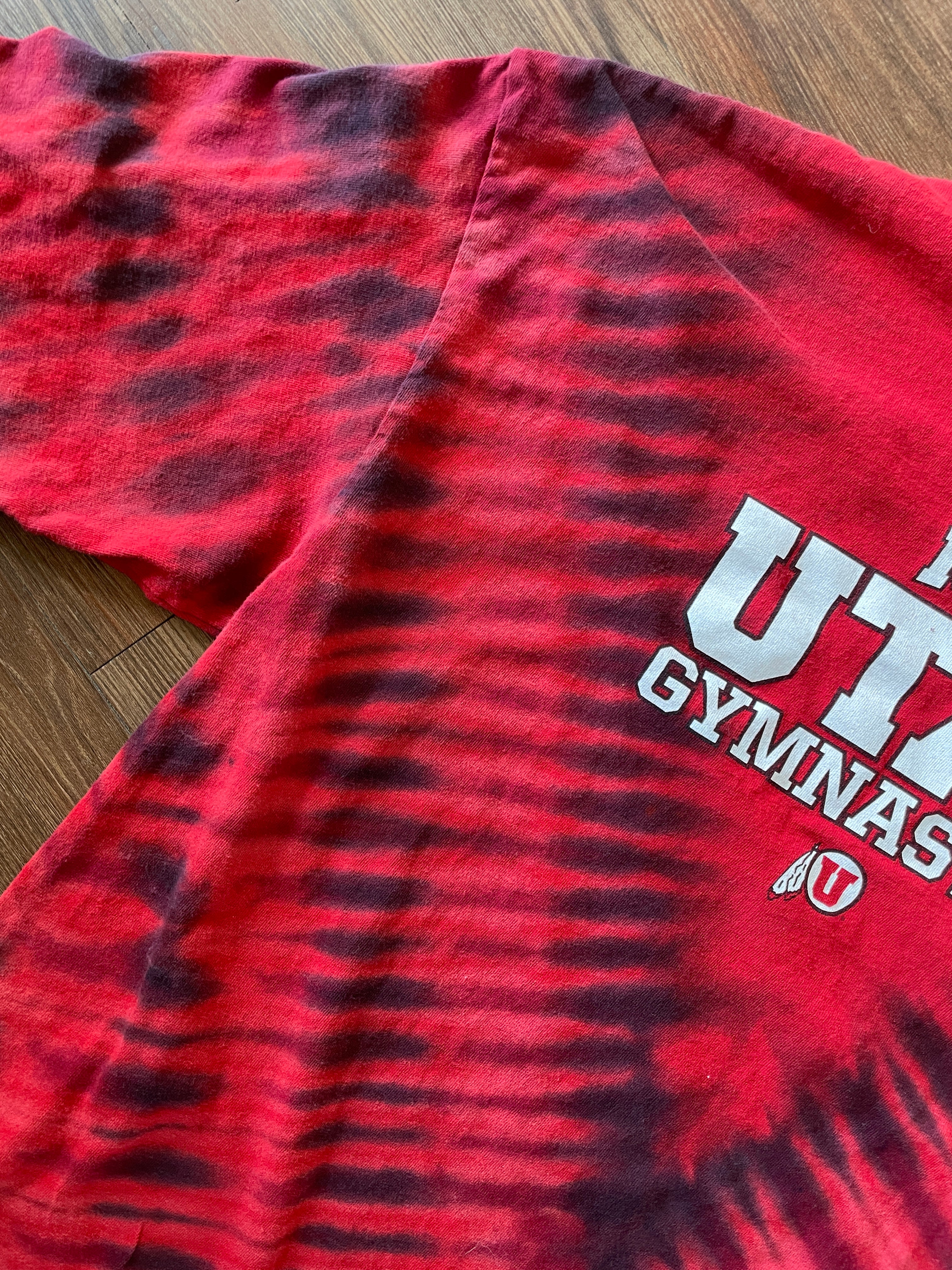 XXL Men’s Utah Gymnastics Handmade Tie Dye T-Shirt | Red and Black V-Pleated Tie Dye Long Sleeve