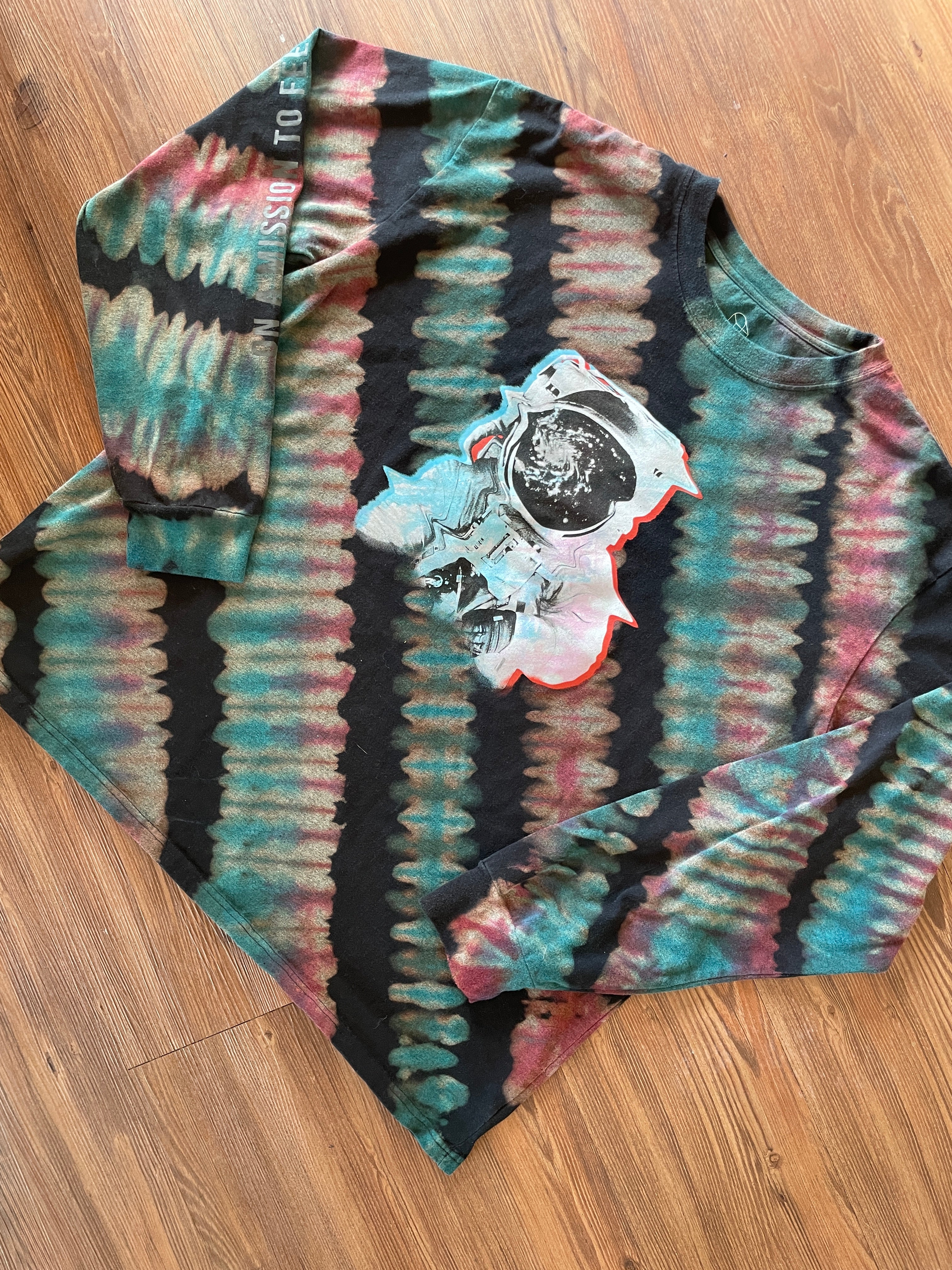 XXL Men’s Original Use Astronaut Handmade Tie Dye T-Shirt | Black, Red, and Blue Pleated Tie Dye Long Sleeve