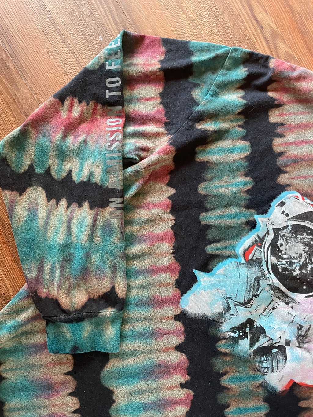 XXL Men’s Original Use Astronaut Handmade Tie Dye T-Shirt | Black, Red, and Blue Pleated Tie Dye Long Sleeve