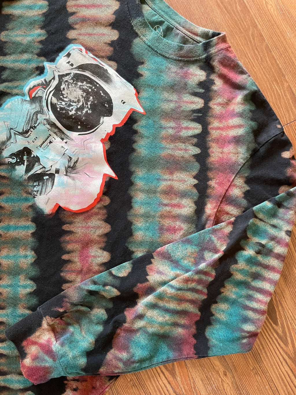 XXL Men’s Original Use Astronaut Handmade Tie Dye T-Shirt | Black, Red, and Blue Pleated Tie Dye Long Sleeve