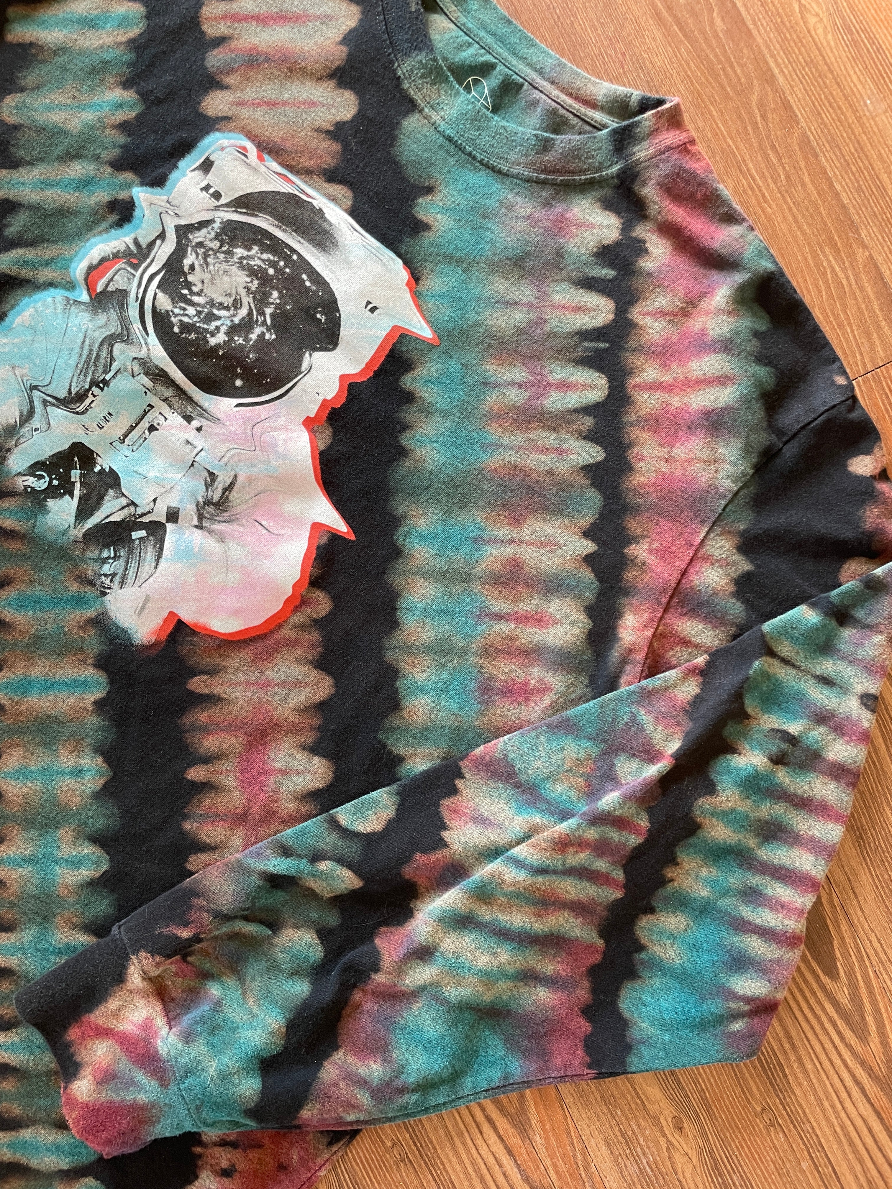 XXL Men’s Original Use Astronaut Handmade Tie Dye T-Shirt | Black, Red, and Blue Pleated Tie Dye Long Sleeve