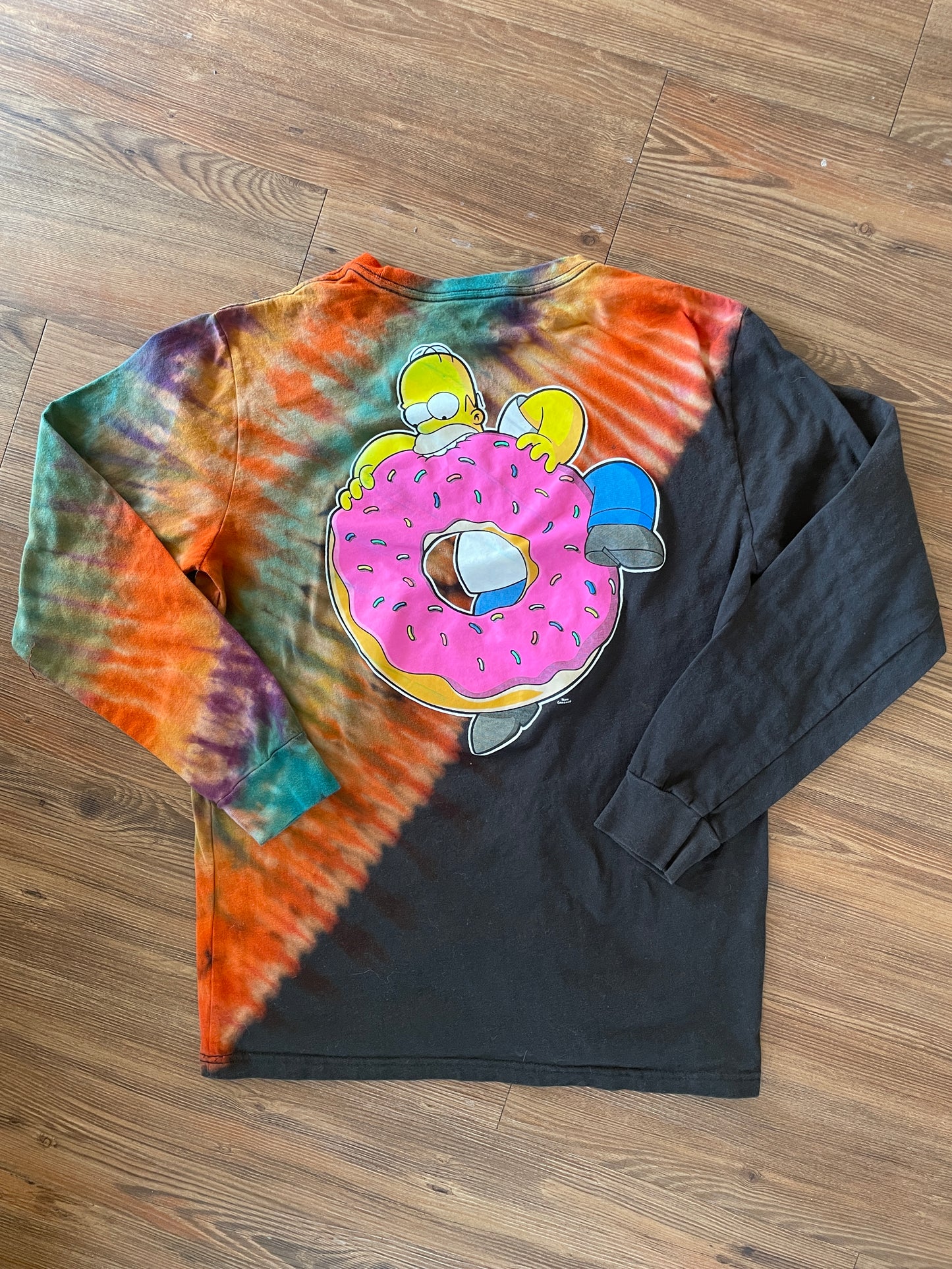Large Men’s Homer Simpson Donut Handmade Tie Dye Long Sleeve T-Shirt | Black, Purple, and Pink Pleated Tie Dye Long Sleeve