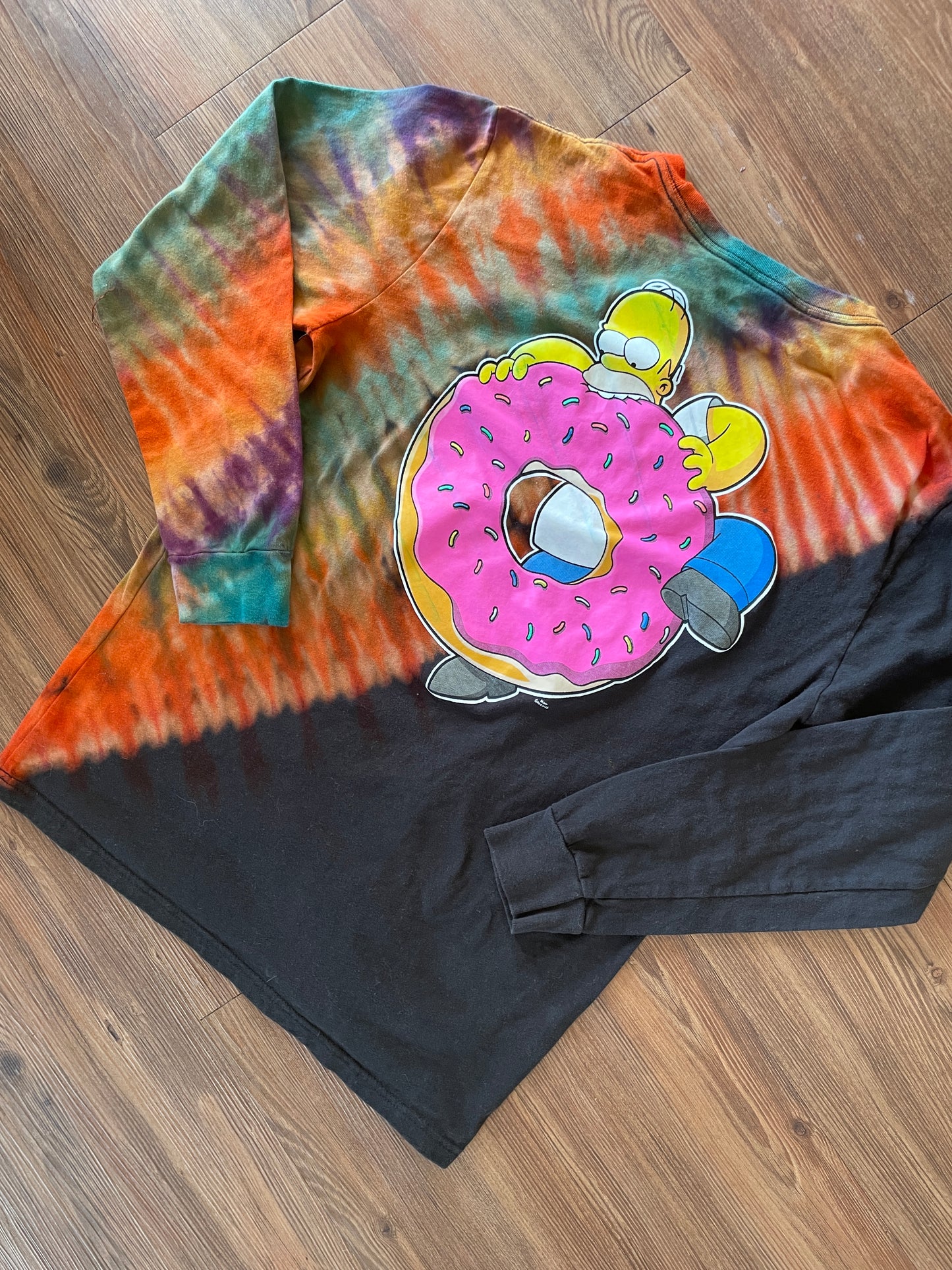 Large Men’s Homer Simpson Donut Handmade Tie Dye Long Sleeve T-Shirt | Black, Purple, and Pink Pleated Tie Dye Long Sleeve