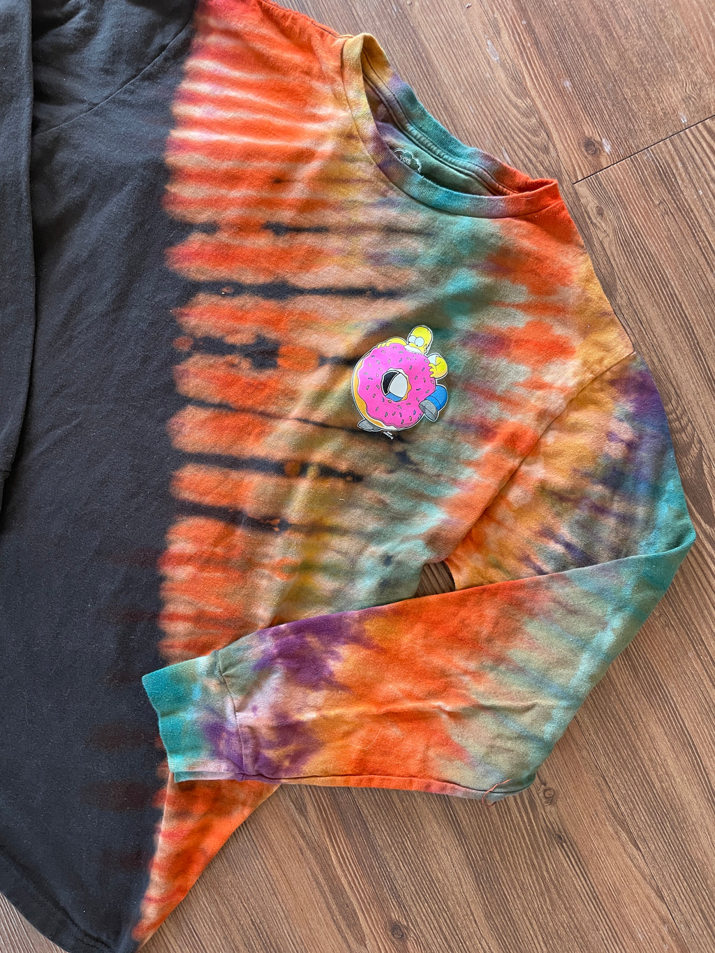 Large Men’s Homer Simpson Donut Handmade Tie Dye Long Sleeve T-Shirt | Black, Purple, and Pink Pleated Tie Dye Long Sleeve