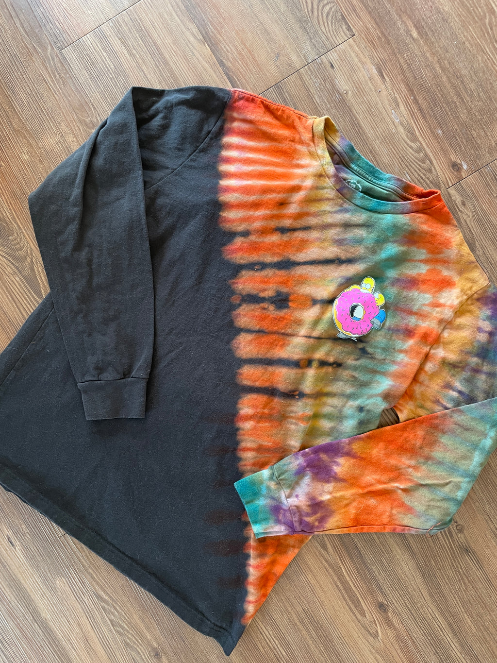 Large Men’s Homer Simpson Donut Handmade Tie Dye Long Sleeve T-Shirt | Black, Purple, and Pink Pleated Tie Dye Long Sleeve
