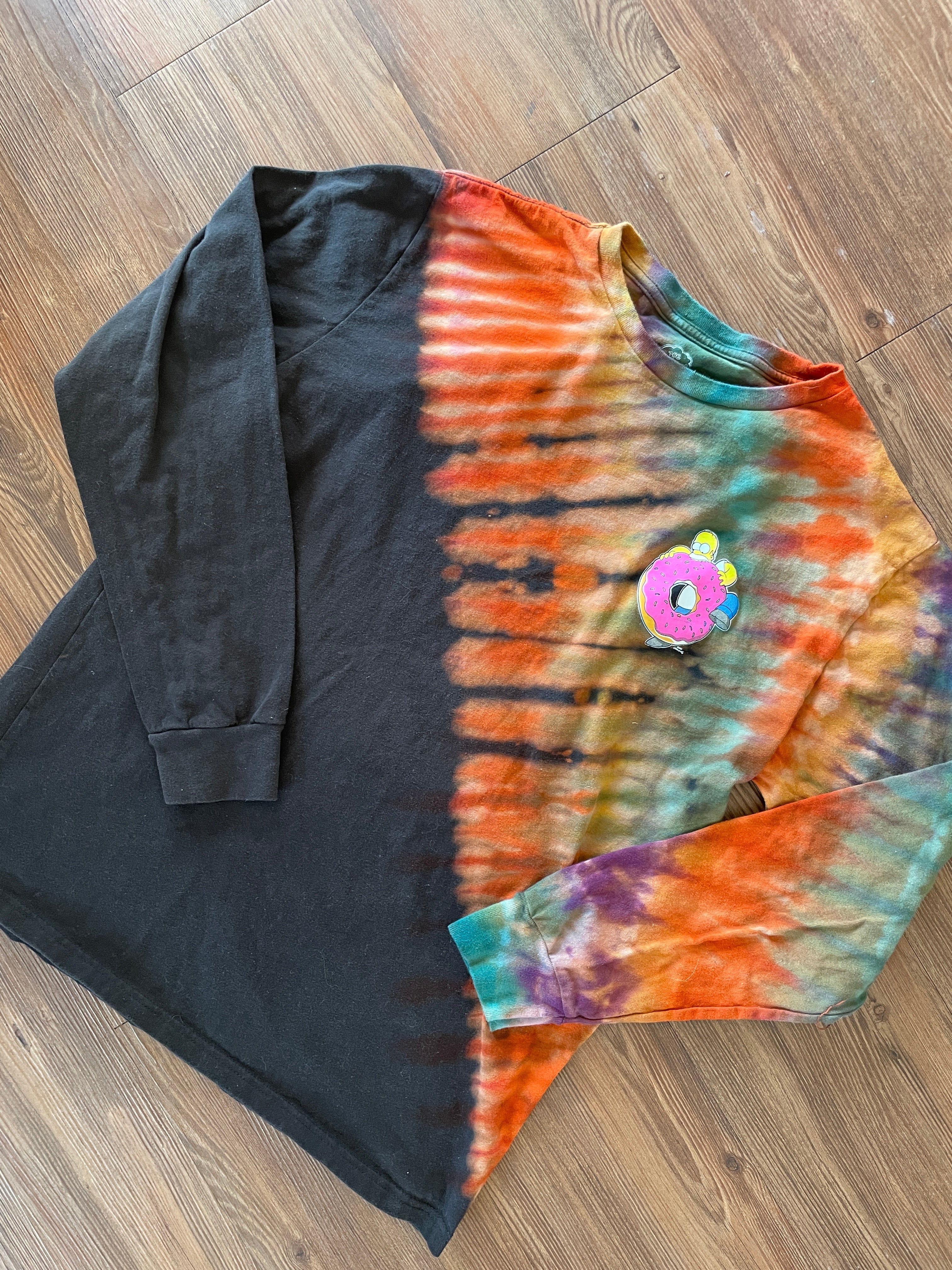 Large Men’s Homer Simpson Donut Handmade Tie Dye Long Sleeve T-Shirt | Black, Purple, and Pink Pleated Tie Dye Long Sleeve
