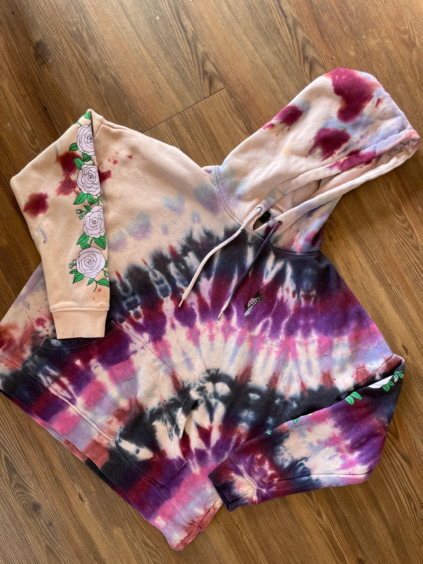 Medium Women's Empyre Dead Roses Handmade Tie Dye Hoodie | Pink and Purple Pleated Tie Dye Long Sleeve Sweatshirt