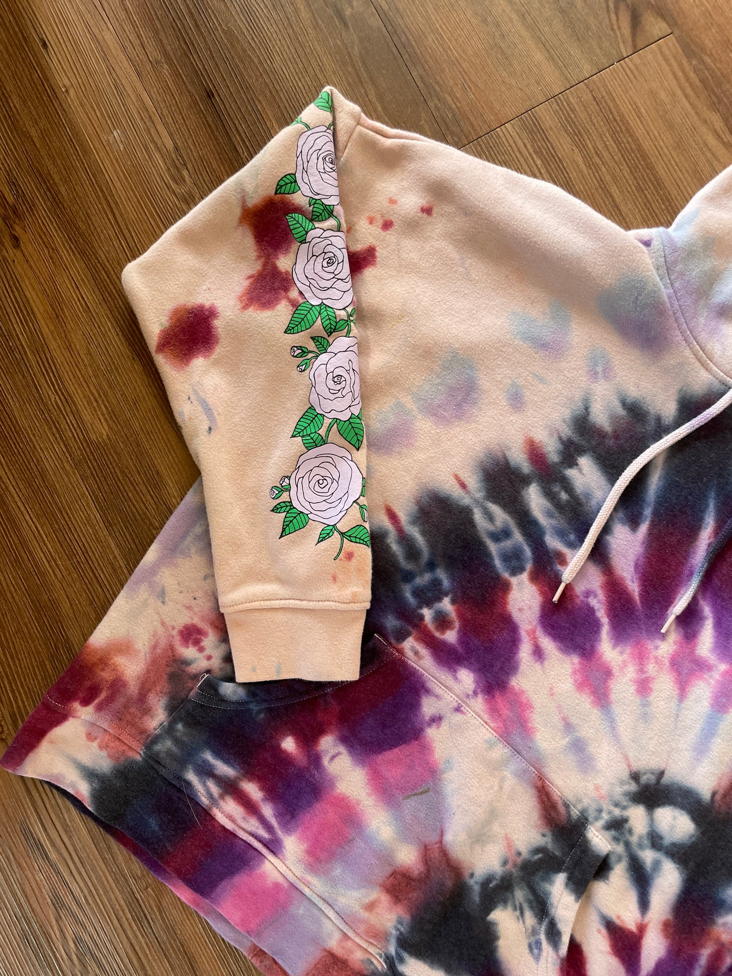 Medium Women's Empyre Dead Roses Handmade Tie Dye Hoodie | Pink and Purple Pleated Tie Dye Long Sleeve Sweatshirt