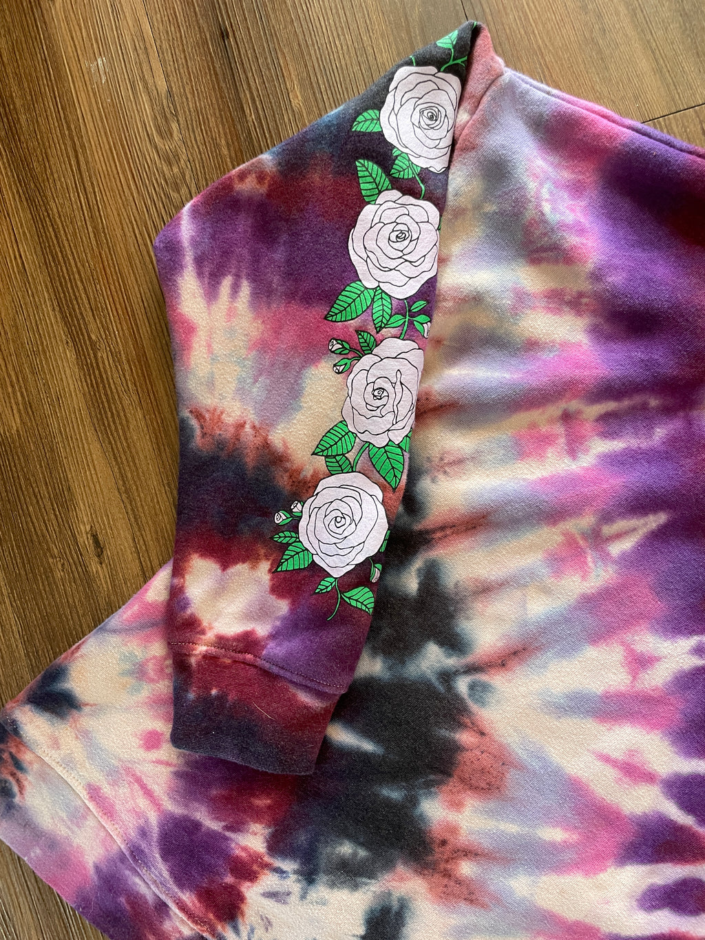 Medium Women's Empyre Dead Roses Handmade Tie Dye Hoodie | Pink and Purple Pleated Tie Dye Long Sleeve Sweatshirt