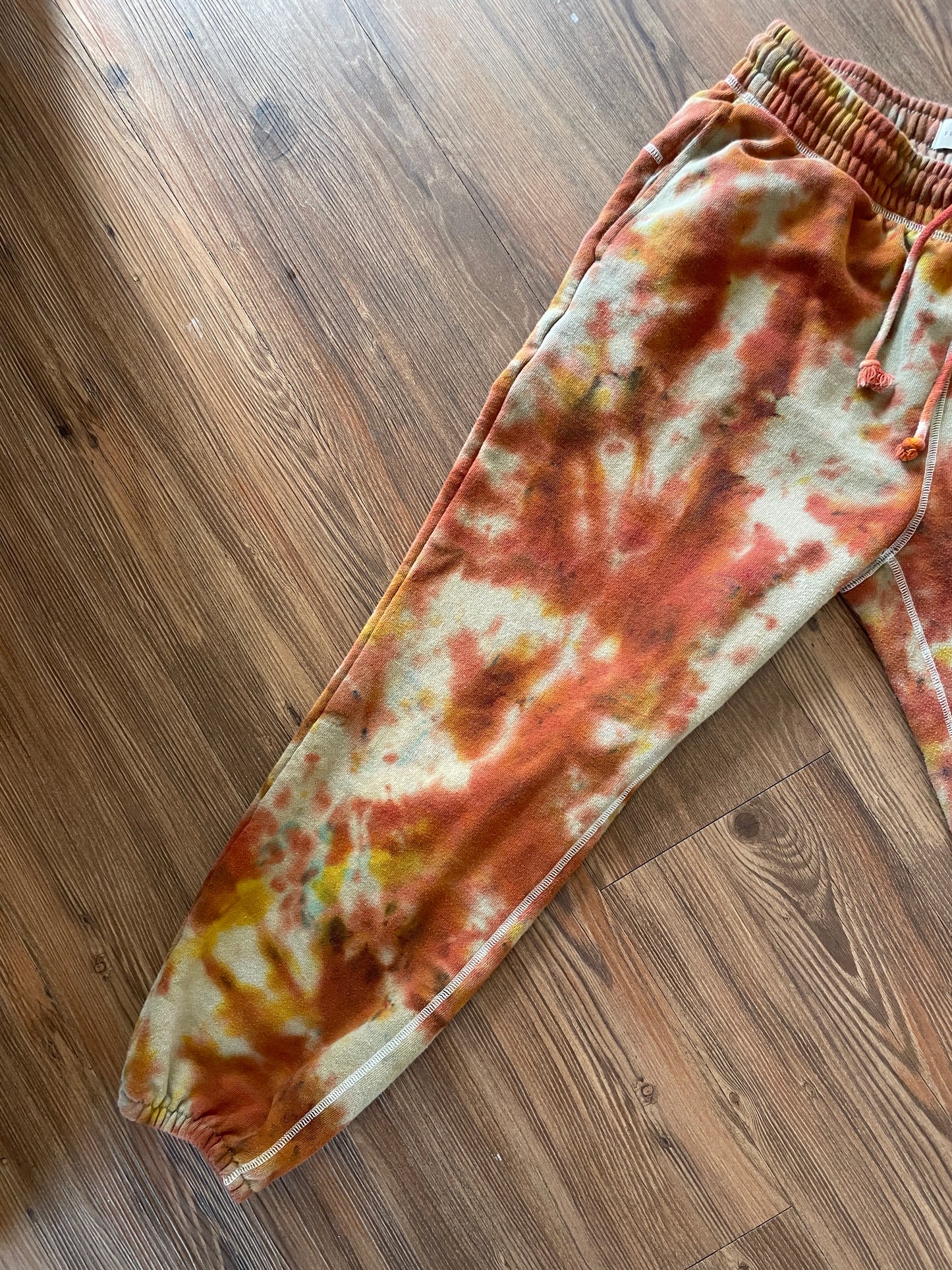 Medium Women’s Free Assembly Earth Tones Handmade Tie Dye Sweatpants | Green, Yellow, and Orange Crumpled Tie Dye Fleece Pants