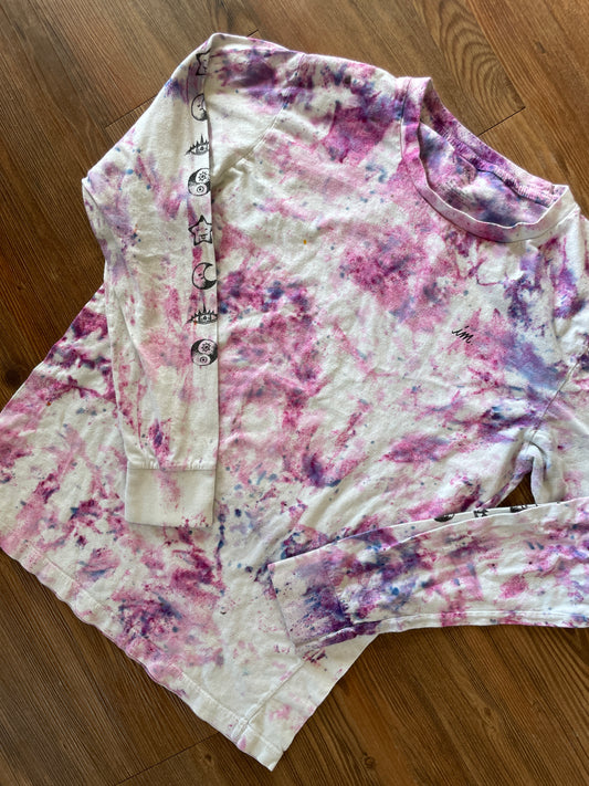 Medium Women's Mushroom Face Handmade Tie Dye Long Sleeve T-Shirt | Pink and Purple Crumpled Tie Dye Long Sleeve
