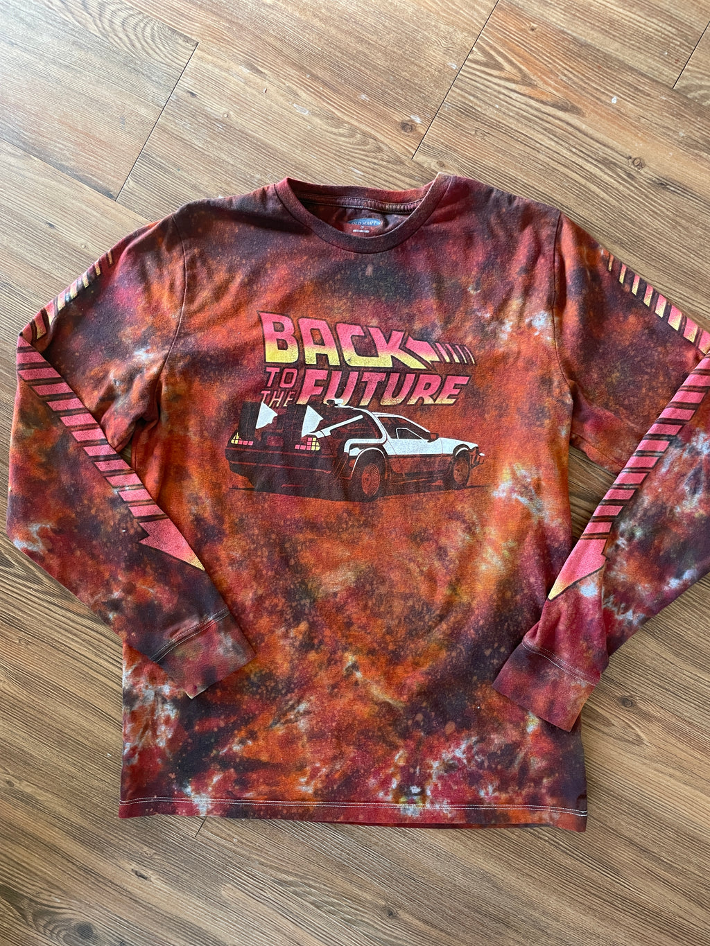 Medium Men’s Back to the Future DeLorean Handmade Tie Dye Long Sleeve T-Shirt | Red, Orange, and Black Fire Dye Tie Dye Long Sleeve