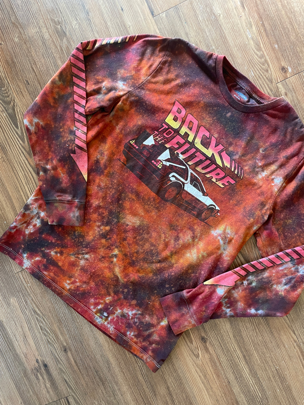 Medium Men’s Back to the Future DeLorean Handmade Tie Dye Long Sleeve T-Shirt | Red, Orange, and Black Fire Dye Tie Dye Long Sleeve